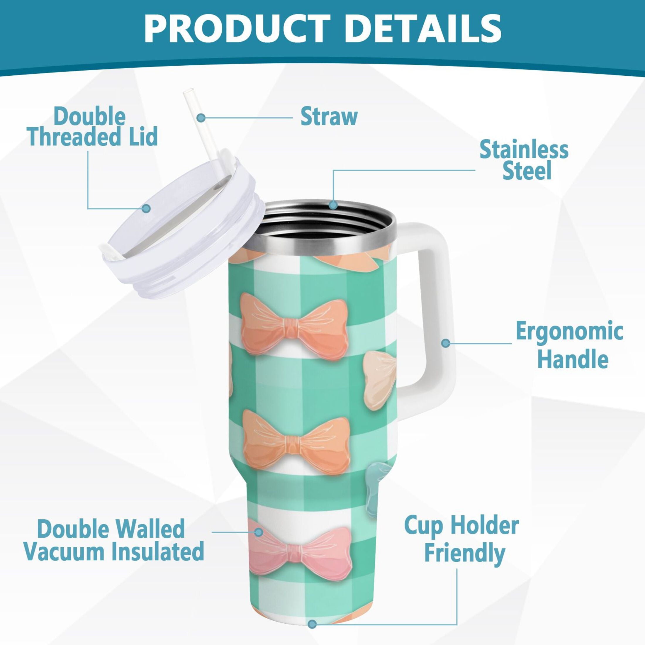 40 oz Insulated Stainless Steel Tumbler Double Wall Stainless Steel Tumbler with 2-Way Drinking Pastel Green and Peach Bows | EPQL