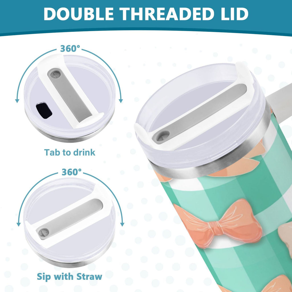 40 oz Insulated Stainless Steel Tumbler Double Wall Stainless Steel Tumbler with 2-Way Drinking Pastel Green and Peach Bows | EPQL