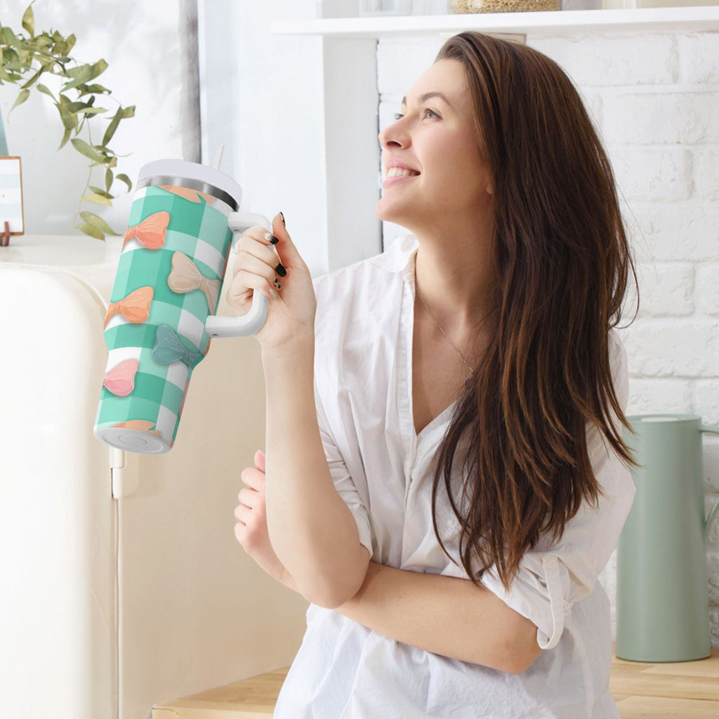 40 oz Insulated Stainless Steel Tumbler Double Wall Stainless Steel Tumbler with 2-Way Drinking Pastel Green and Peach Bows | EPQL