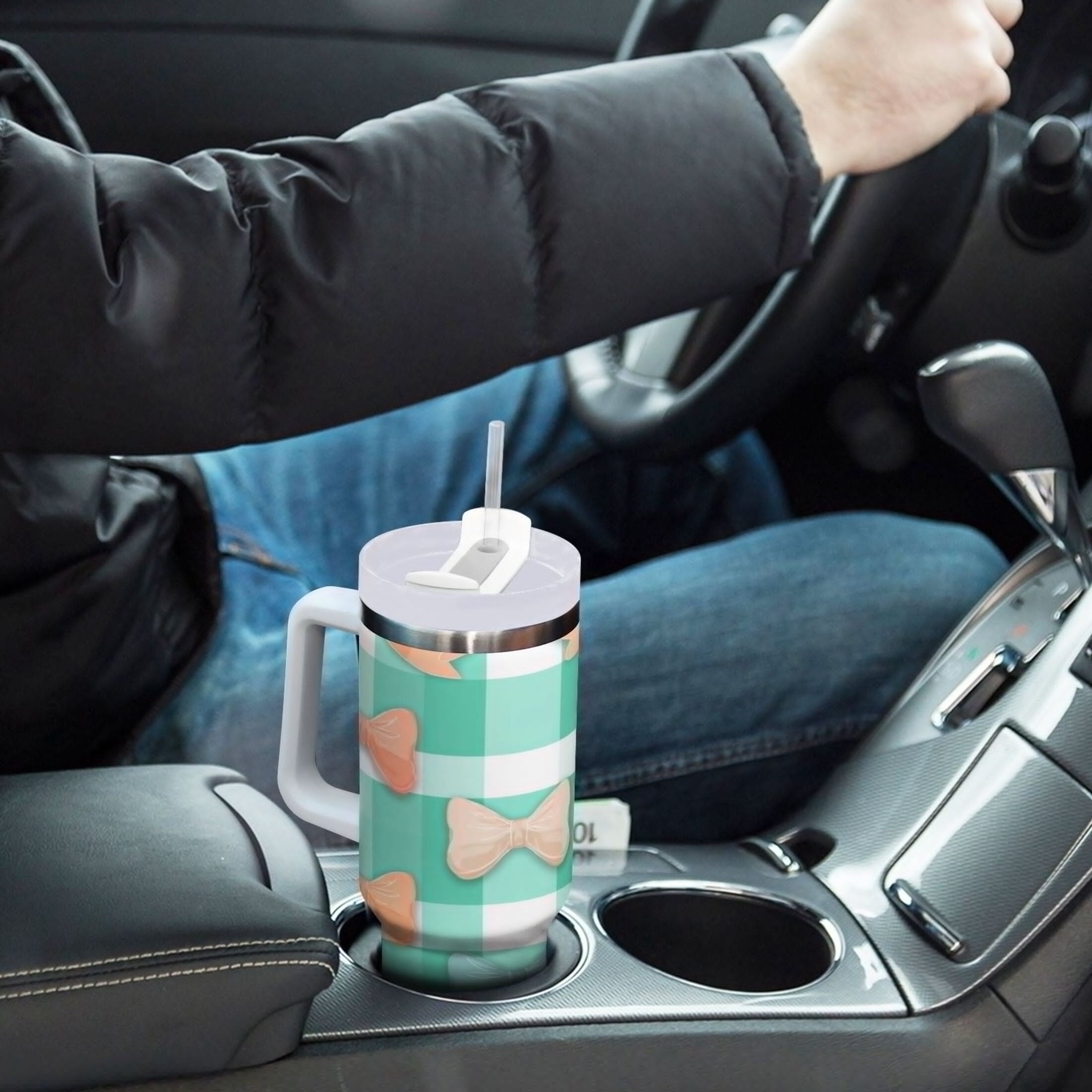 40 oz Insulated Stainless Steel Tumbler Double Wall Stainless Steel Tumbler with 2-Way Drinking Pastel Green and Peach Bows | EPQL