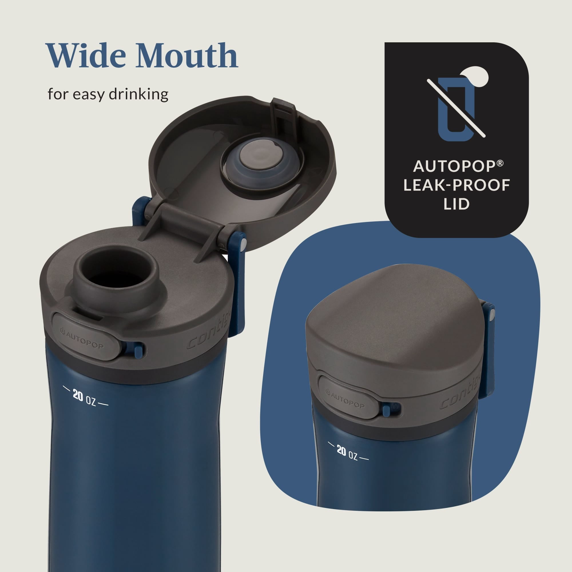 Contigo Jackson Chill Bundle 2 Water Bottles Black 24oz and Blueberry 20oz with Autopop Lid | 522O