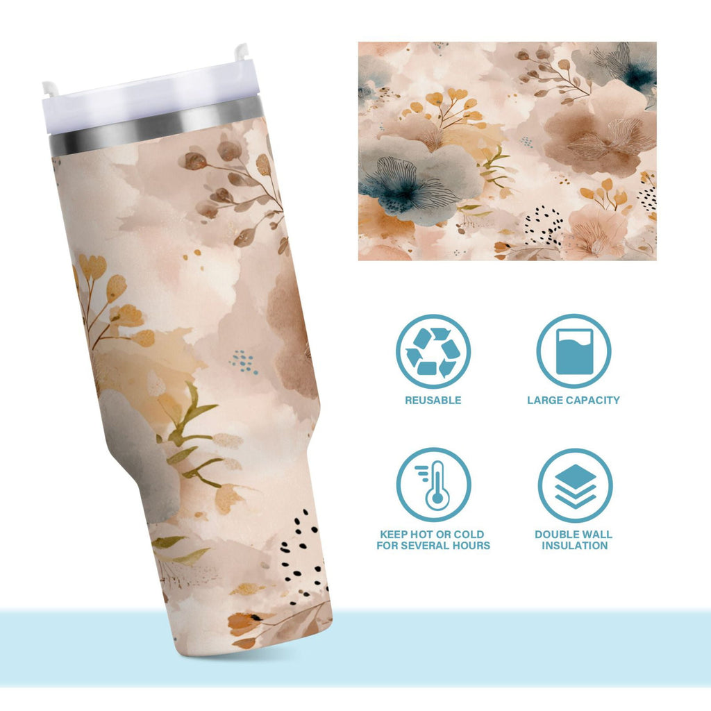 30 oz Insulated Stainless Steel Tumbler Double Wall Stainless Steel Tumbler with 2-Way Drinking Hazy Ethereal Flowers | RLCK