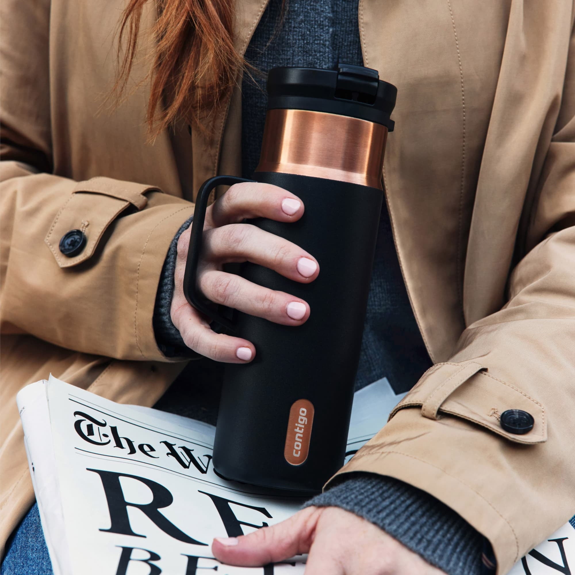 Contigo SnapSeal Leakproof Stainless Steel Reusable Water Bottle Tumbler with Side Handle, Dark Blue/Bronze, 20 oz | TZW7