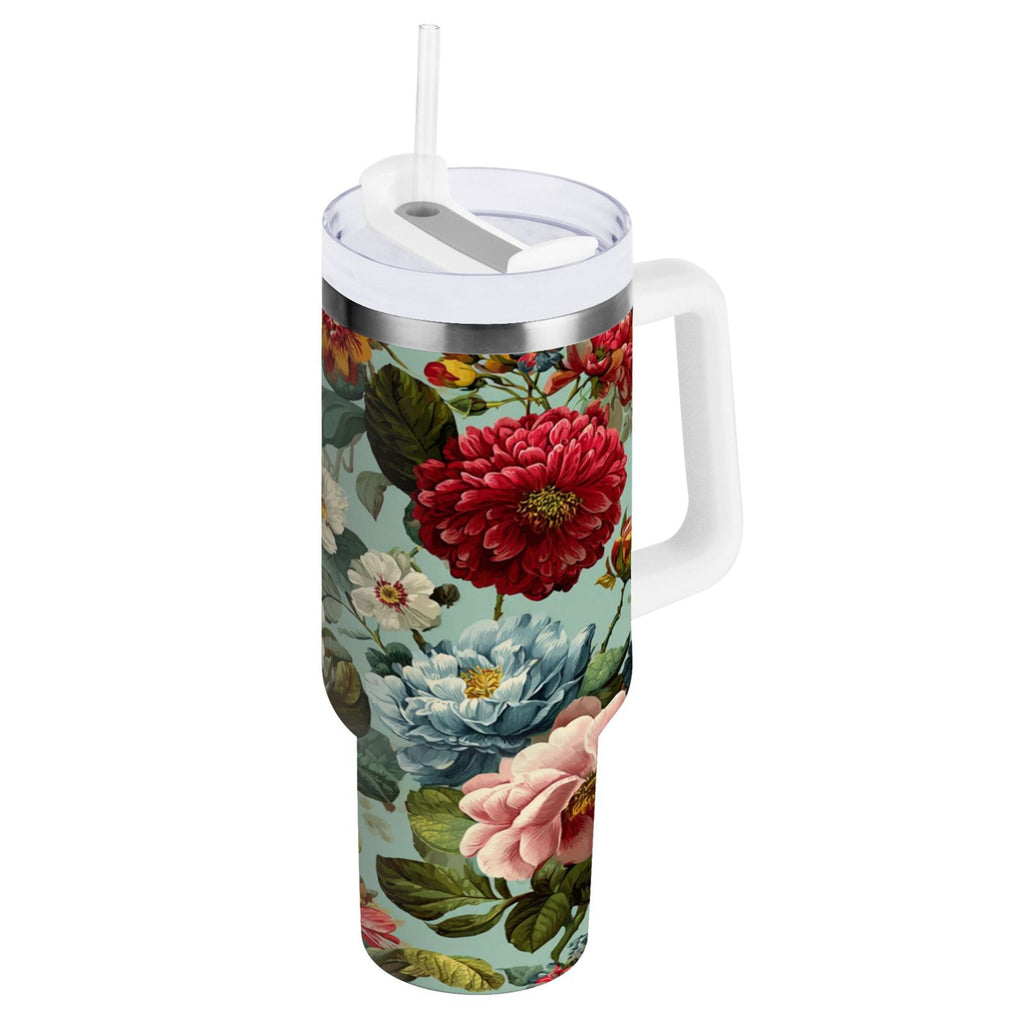 40 oz Insulated Stainless Steel Tumbler Double Wall Stainless Steel Tumbler with 2-Way Drinking Floral Pattern with Roses | 0D6V