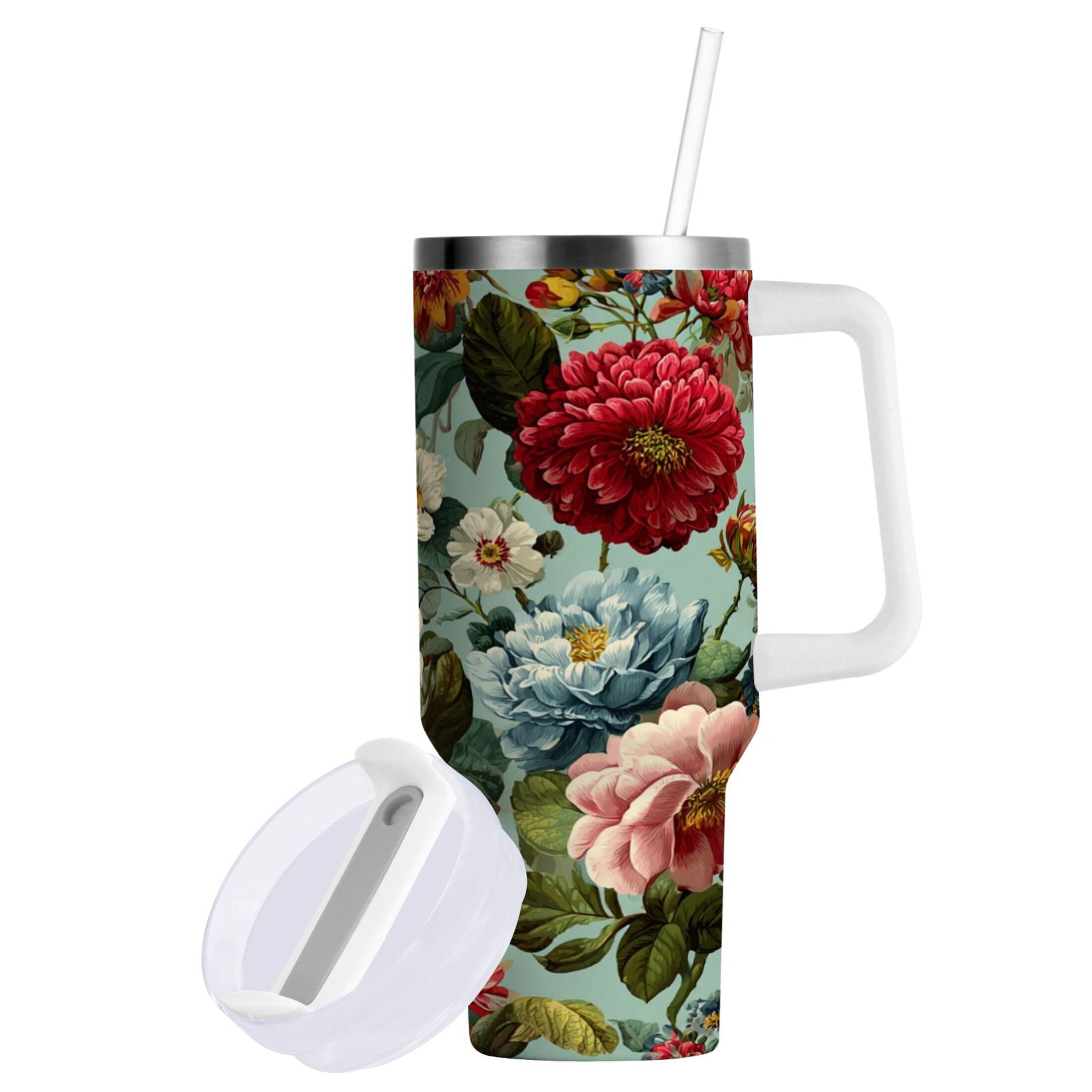 40 oz Insulated Stainless Steel Tumbler Double Wall Stainless Steel Tumbler with 2-Way Drinking Floral Pattern with Roses | 0D6V