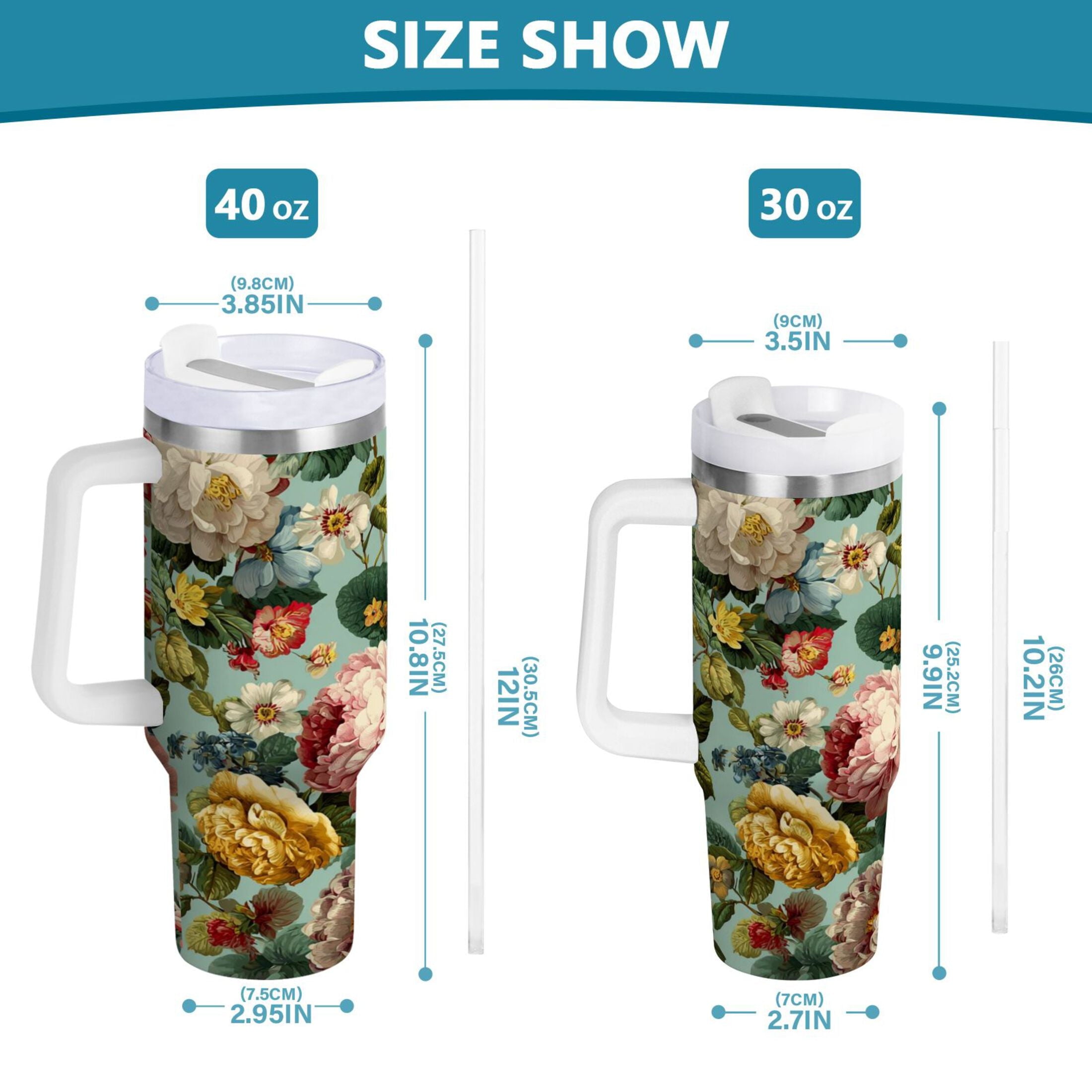 40 oz Insulated Stainless Steel Tumbler Double Wall Stainless Steel Tumbler with 2-Way Drinking Floral Pattern with Roses | 0D6V
