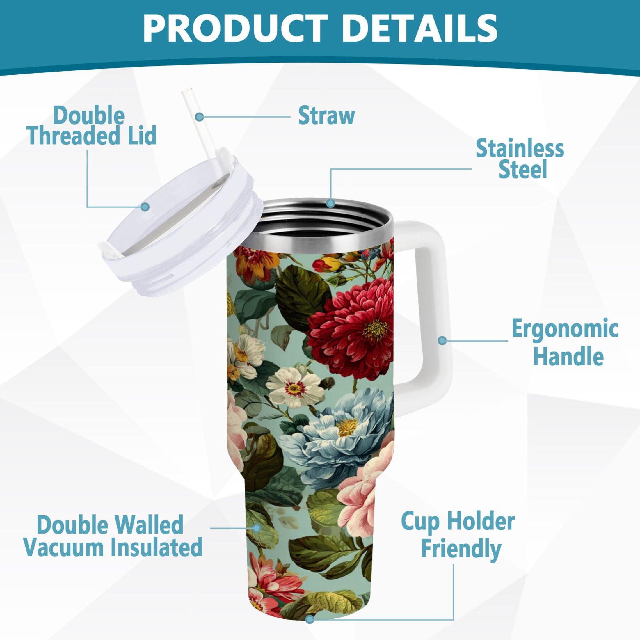 40 oz Insulated Stainless Steel Tumbler Double Wall Stainless Steel Tumbler with 2-Way Drinking Floral Pattern with Roses | 0D6V