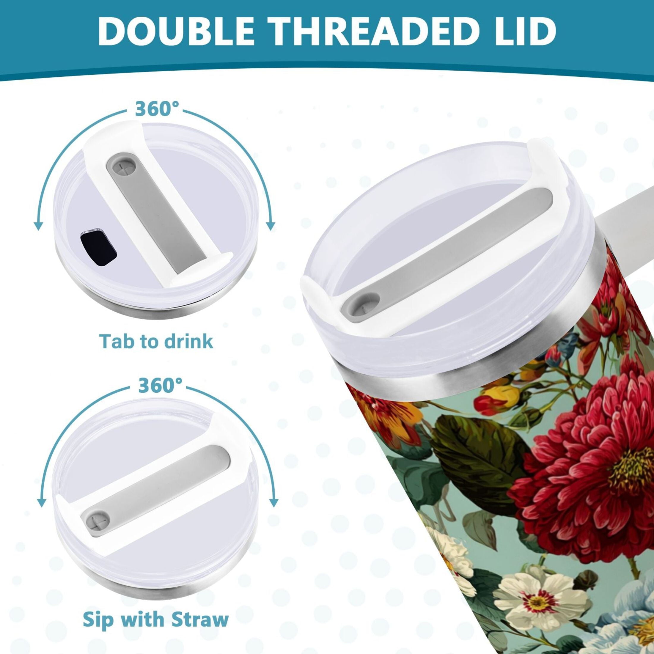 40 oz Insulated Stainless Steel Tumbler Double Wall Stainless Steel Tumbler with 2-Way Drinking Floral Pattern with Roses | 0D6V