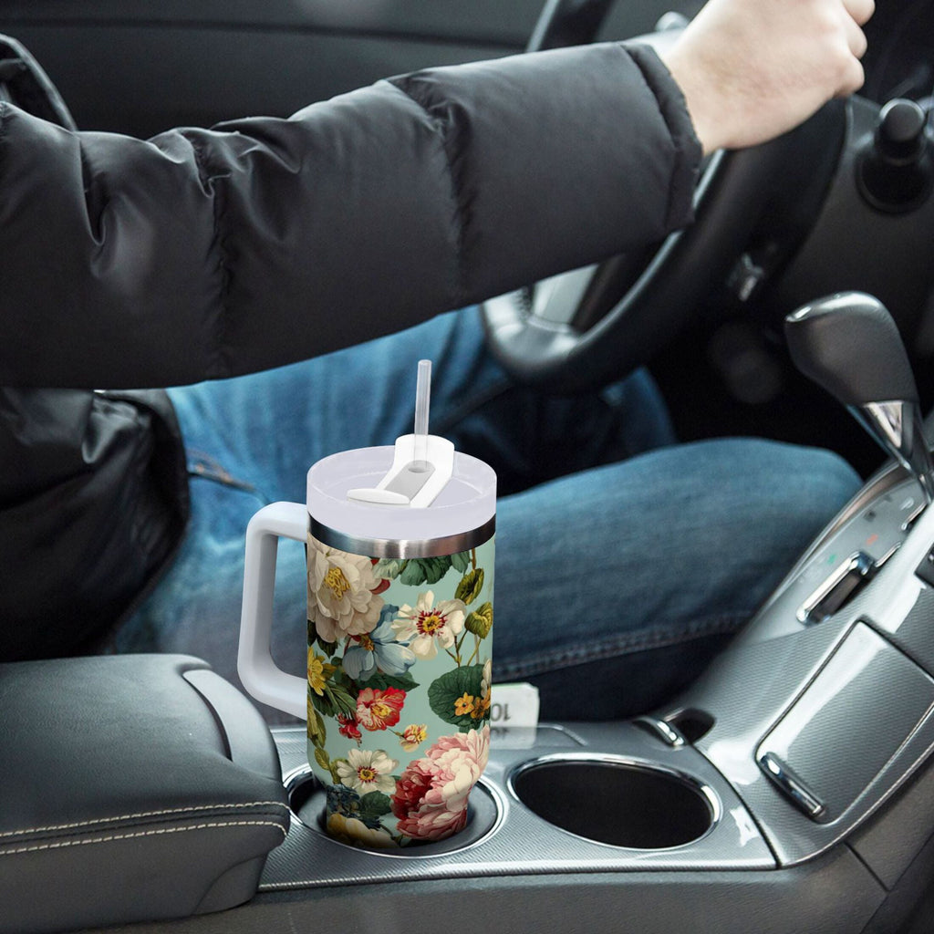 40 oz Insulated Stainless Steel Tumbler Double Wall Stainless Steel Tumbler with 2-Way Drinking Floral Pattern with Roses | 0D6V