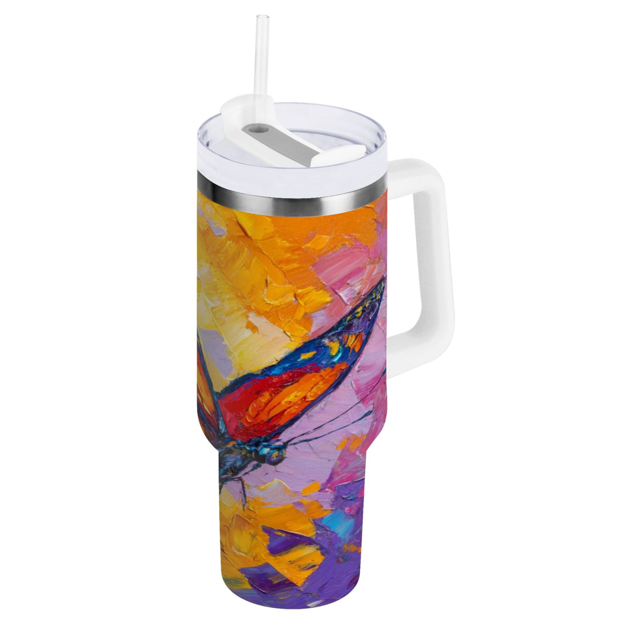 30 oz Insulated Stainless Steel Tumbler Double Wall Stainless Steel Tumbler with 2-Way Drinking Colorful Butterfly Flying | JVKE