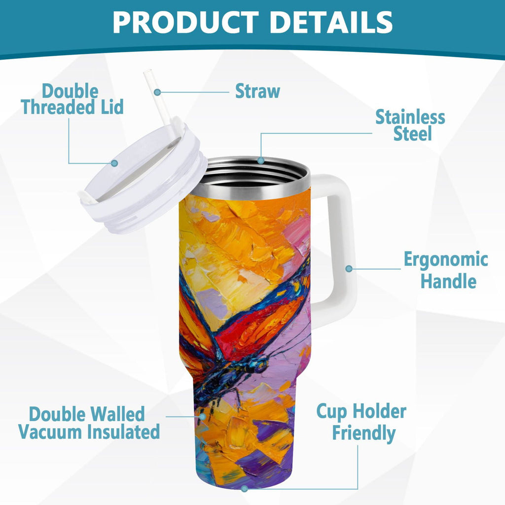30 oz Insulated Stainless Steel Tumbler Double Wall Stainless Steel Tumbler with 2-Way Drinking Colorful Butterfly Flying | JVKE