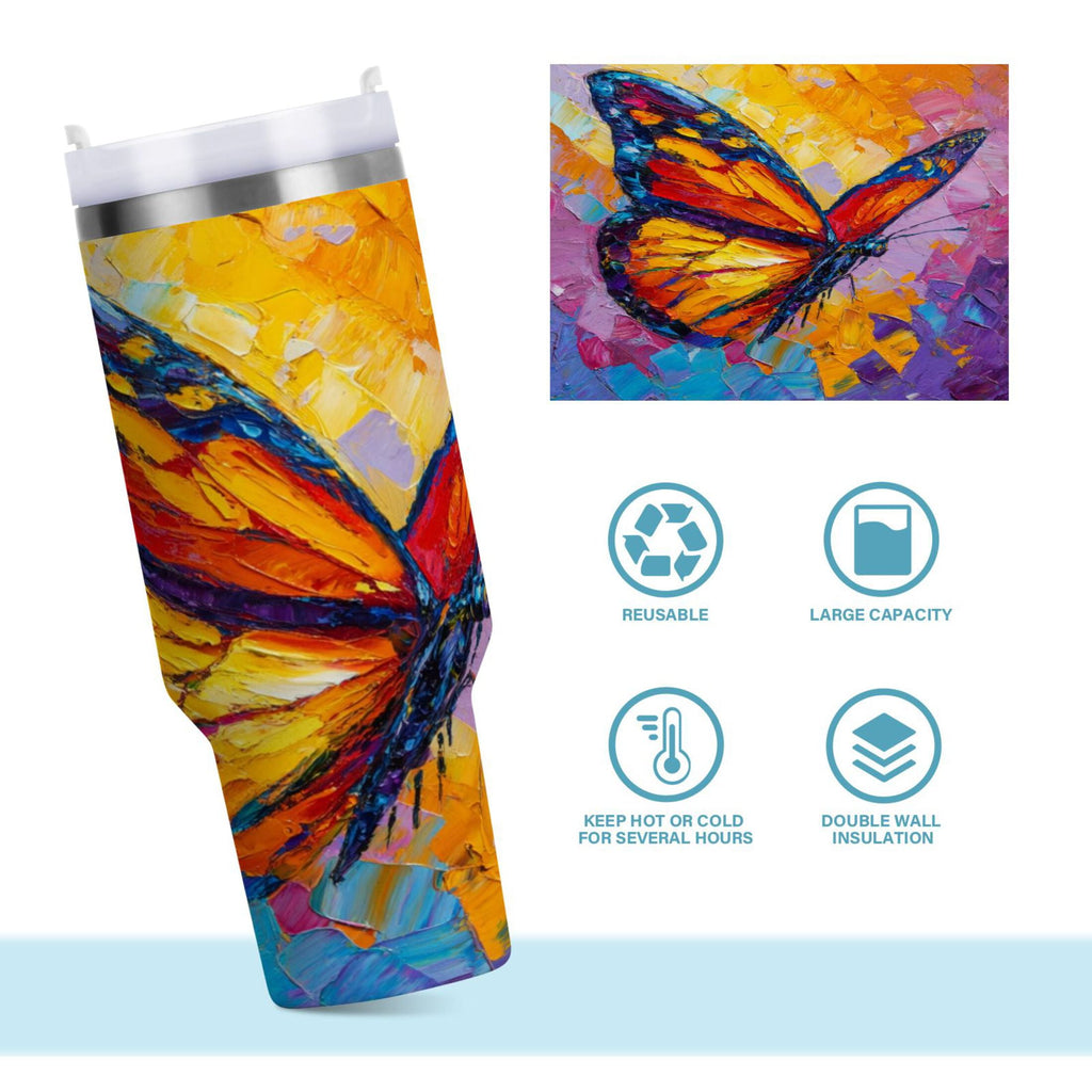 30 oz Insulated Stainless Steel Tumbler Double Wall Stainless Steel Tumbler with 2-Way Drinking Colorful Butterfly Flying | JVKE