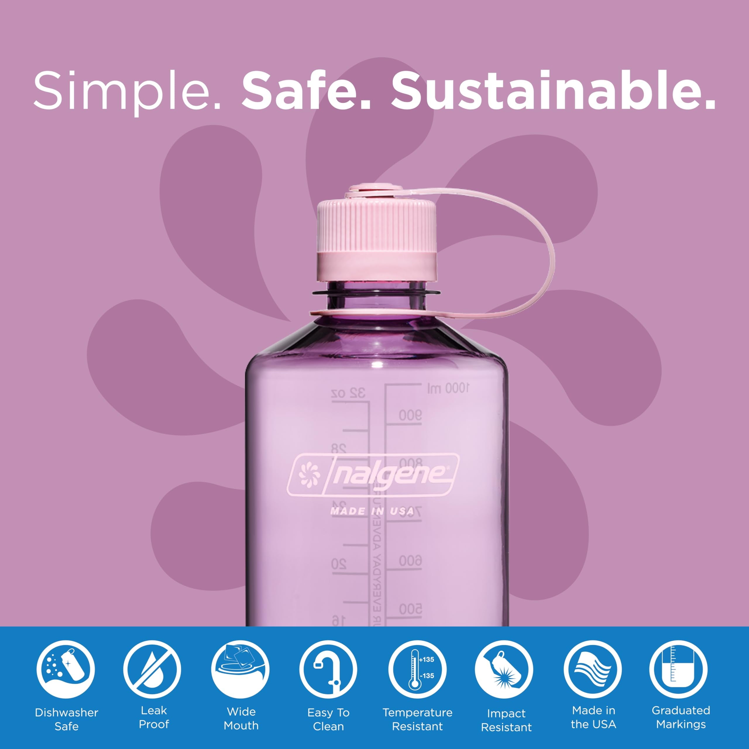 Nalgene Sustain Tritan BPA-Free Water Bottle Made with Material Derived from 50% Plastic Waste (using ISCC certified mass balance), 32 OZ, Narrow Mouth, Cherry Blossom | 1J50