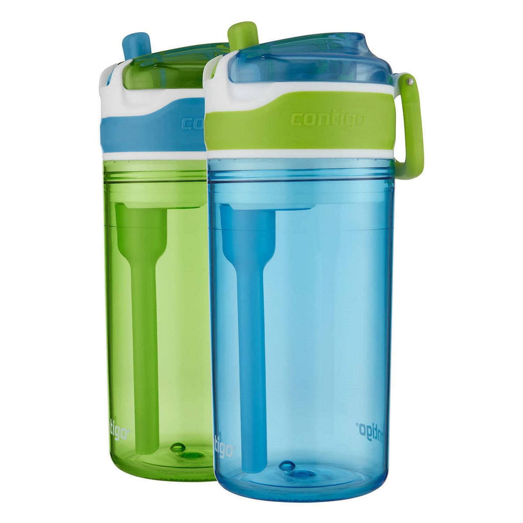 Contigo Kids 2-in-1 Snack Hero Tumbler Featuring 4oz Snack Holder Stacked on Top of 13oz Water Bottle - BPA Free, Durable Tritan w/Flexible Carry Handle &amp; Spill-Proof Valve, Green &amp; Blue – 2 Pack | JUKU