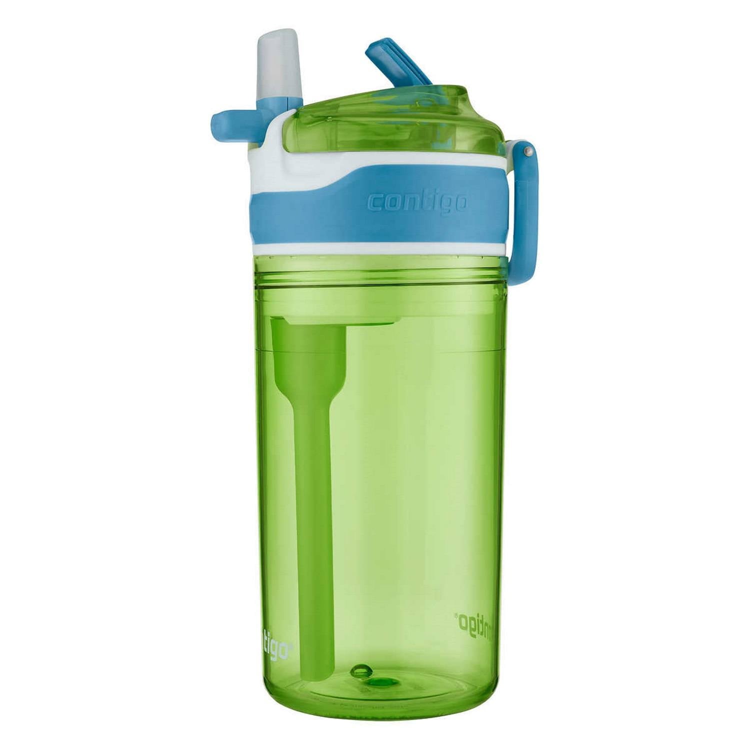 Contigo Kids 2-in-1 Snack Hero Tumbler Featuring 4oz Snack Holder Stacked on Top of 13oz Water Bottle - BPA Free, Durable Tritan w/Flexible Carry Handle &amp; Spill-Proof Valve, Green &amp; Blue – 2 Pack | JUKU