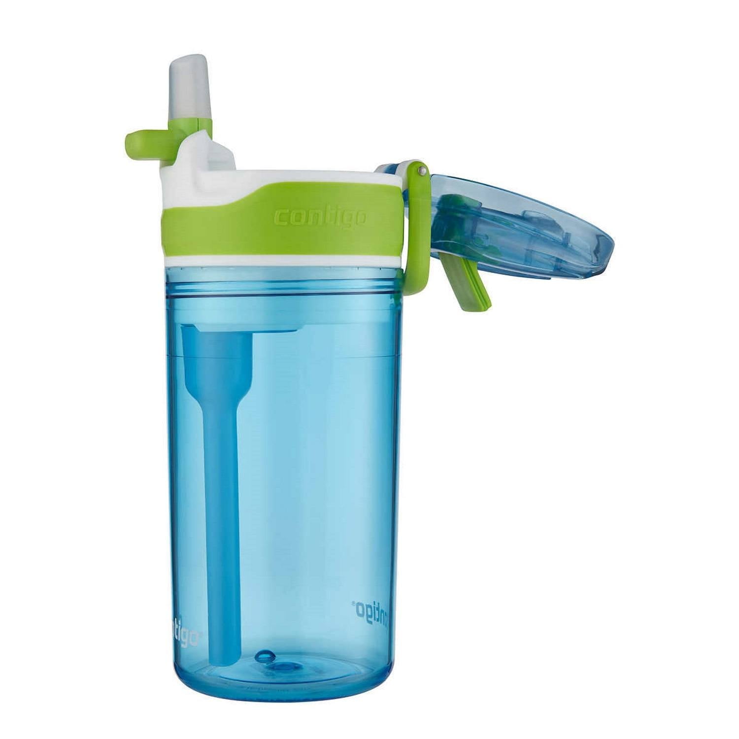 Contigo Kids 2-in-1 Snack Hero Tumbler Featuring 4oz Snack Holder Stacked on Top of 13oz Water Bottle - BPA Free, Durable Tritan w/Flexible Carry Handle &amp; Spill-Proof Valve, Green &amp; Blue – 2 Pack | JUKU