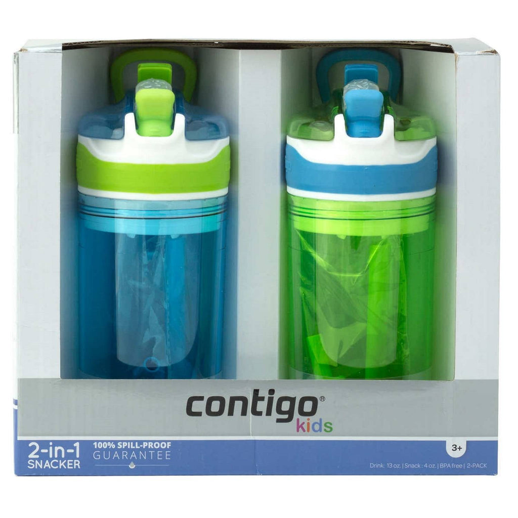 Contigo Kids 2-in-1 Snack Hero Tumbler Featuring 4oz Snack Holder Stacked on Top of 13oz Water Bottle - BPA Free, Durable Tritan w/Flexible Carry Handle &amp; Spill-Proof Valve, Green &amp; Blue – 2 Pack | JUKU