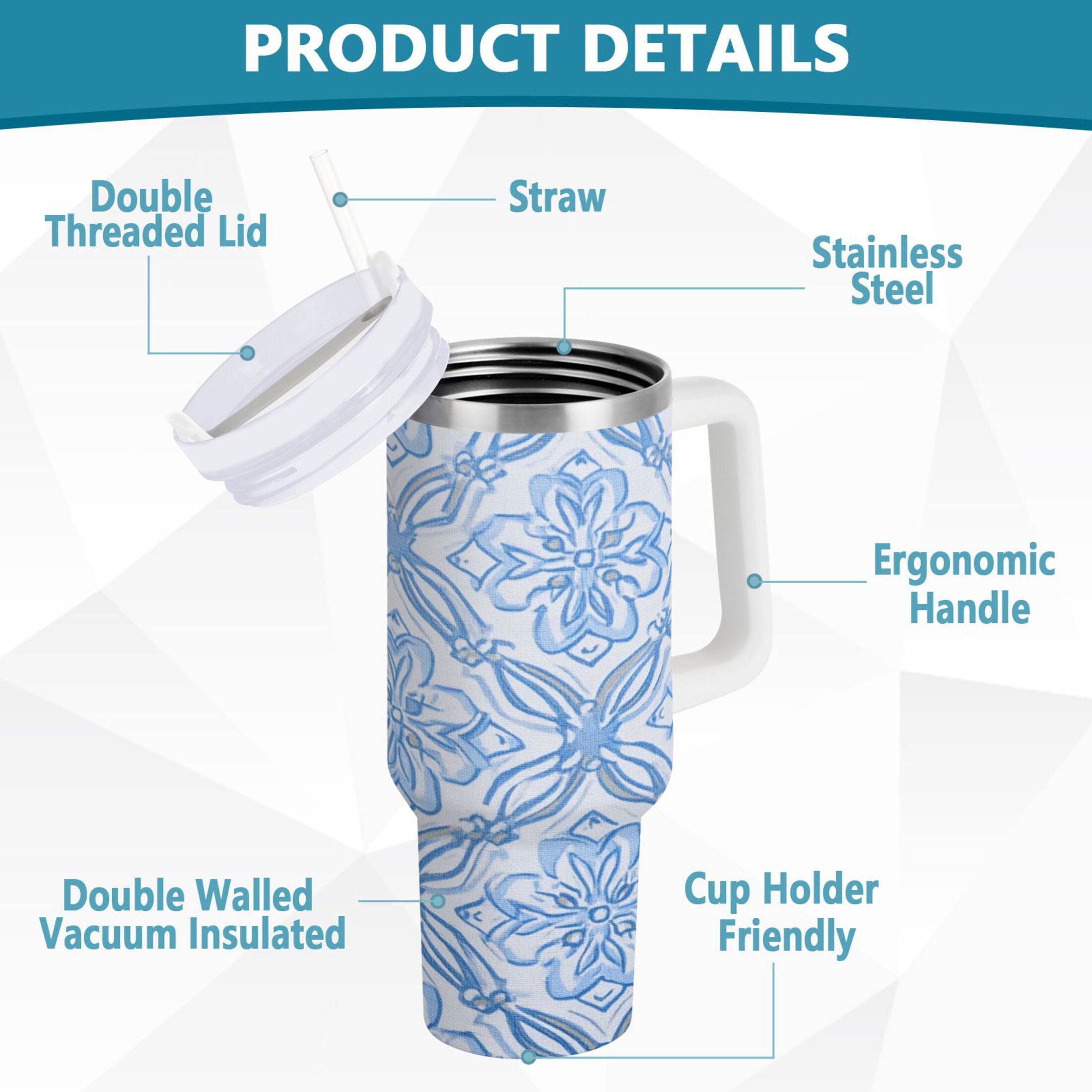 30 oz Insulated Stainless Steel Tumbler Double Wall Stainless Steel Tumbler with 2-Way Drinking Blue Elegant Geometric Design | A3ZT