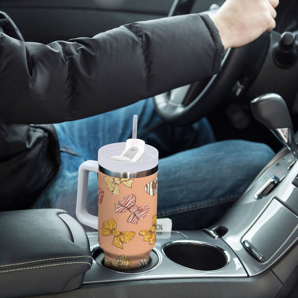 40 oz Insulated Stainless Steel Tumbler Double Wall Stainless Steel Tumbler with 2-Way Drinking Cute Animal Print Bows | 0X71