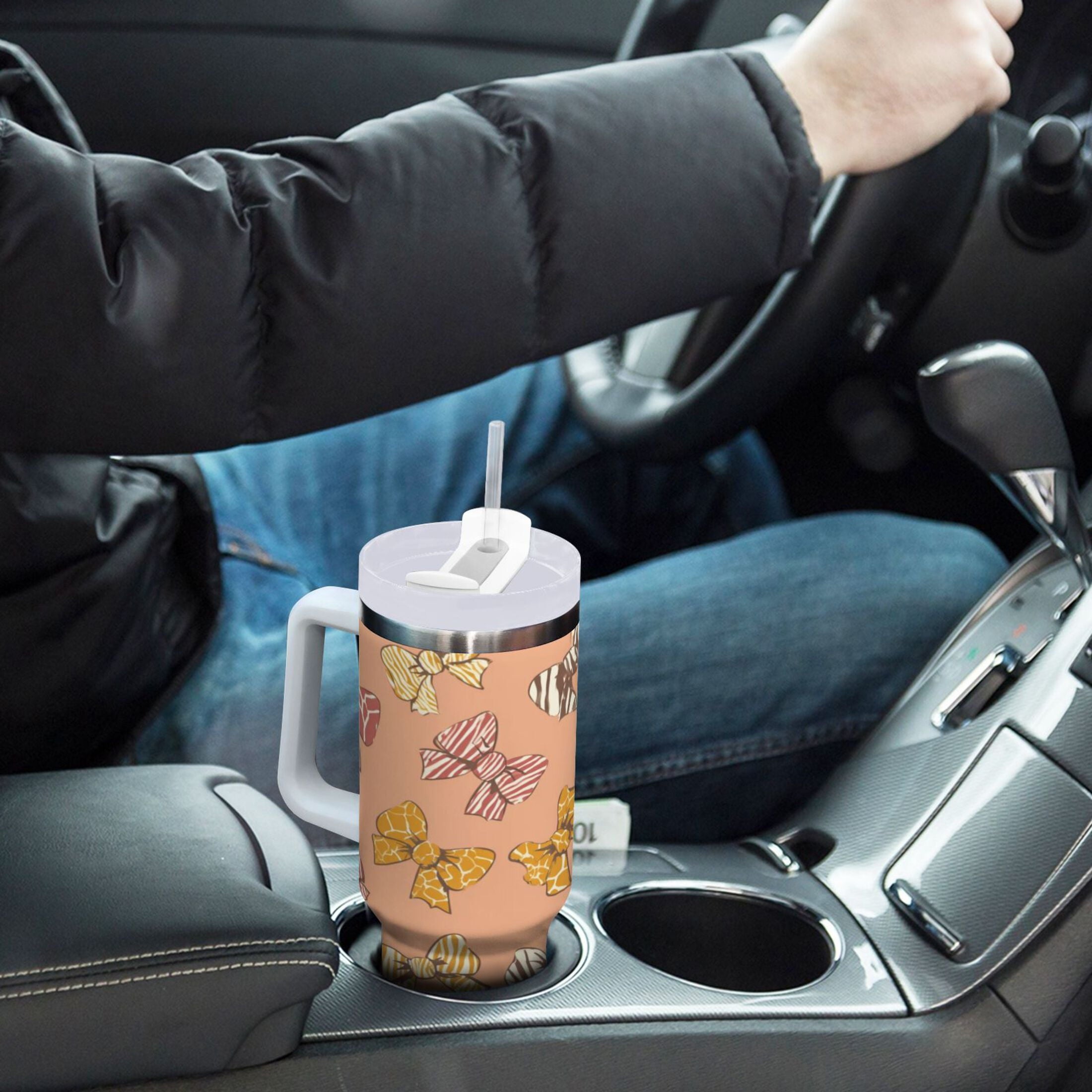 40 oz Insulated Stainless Steel Tumbler Double Wall Stainless Steel Tumbler with 2-Way Drinking Cute Animal Print Bows | 0X71