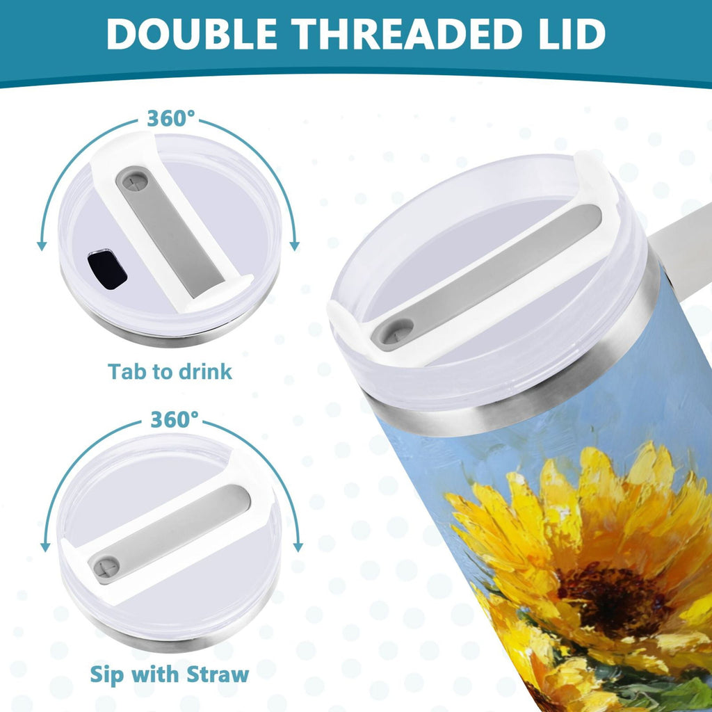 40 oz Insulated Stainless Steel Tumbler Double Wall Stainless Steel Tumbler with 2-Way Drinking Sunflowers Painting | WS0A