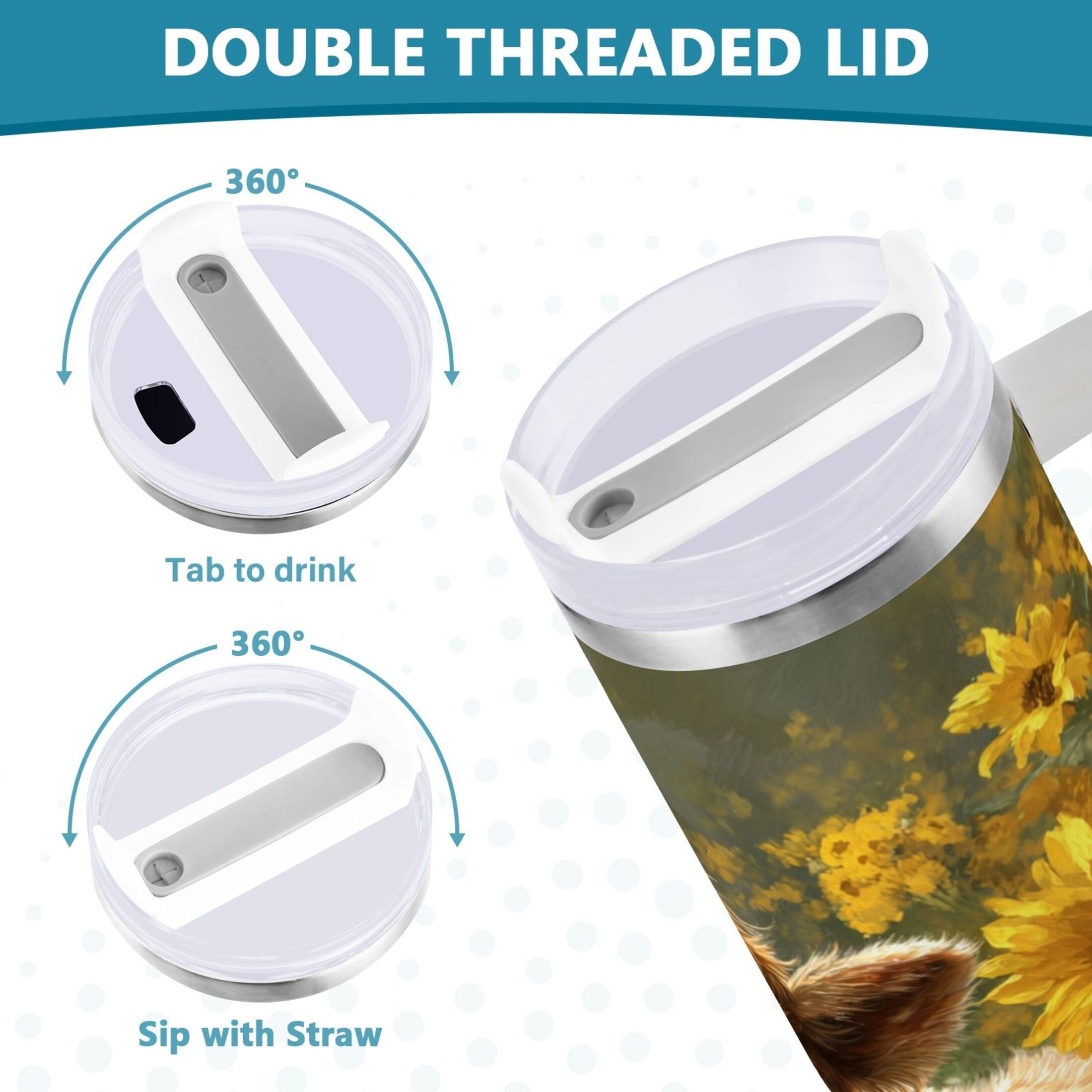 40 oz Insulated Stainless Steel Tumbler Double Wall Stainless Steel Tumbler with 2-Way Drinking Cow Lying in Sunflowers | TEJB