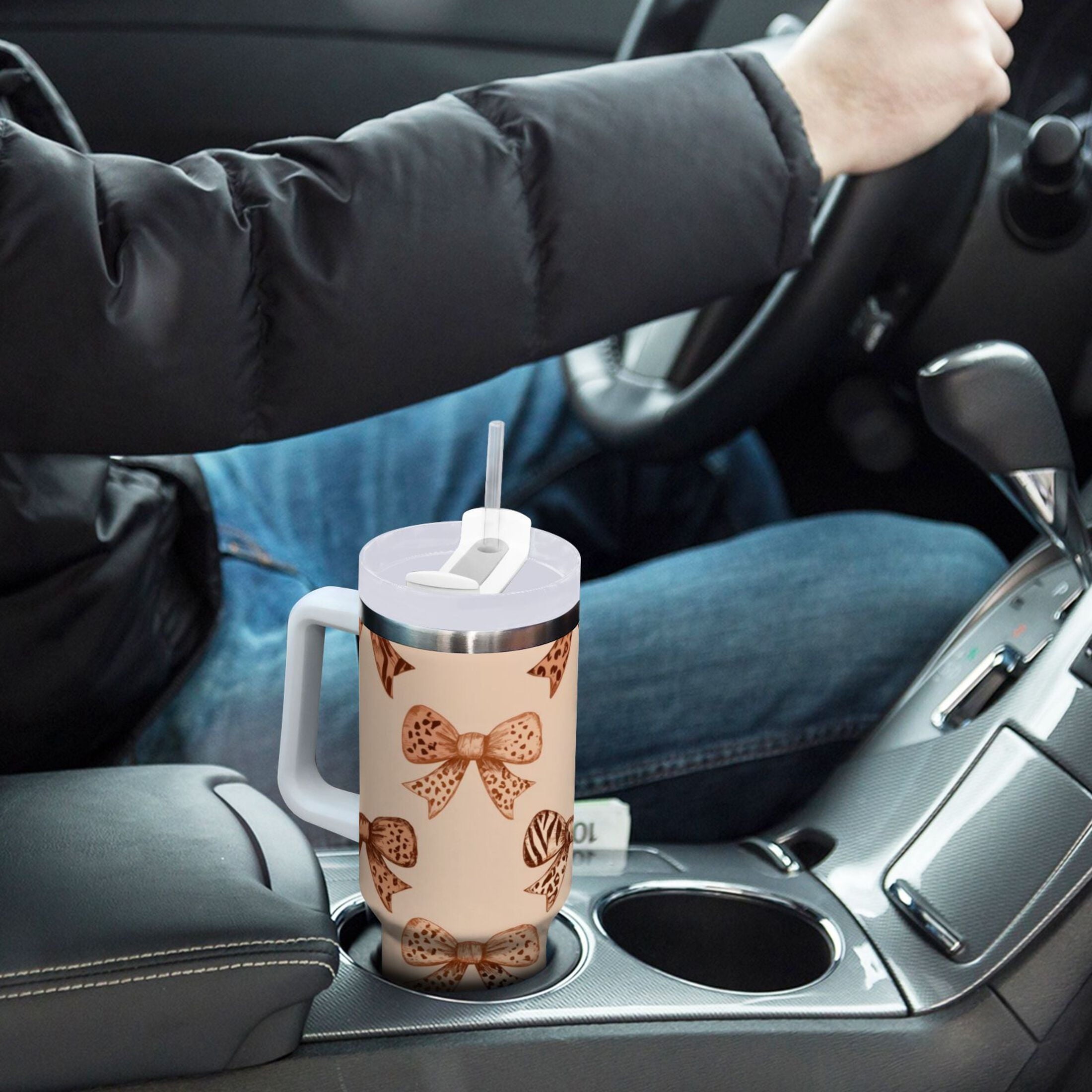 40 oz Insulated Stainless Steel Tumbler Double Wall Stainless Steel Tumbler with 2-Way Drinking Leopard Print Bow | FWQJ