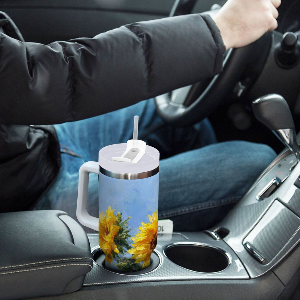 40 oz Insulated Stainless Steel Tumbler Double Wall Stainless Steel Tumbler with 2-Way Drinking Sunflowers Painting | WS0A
