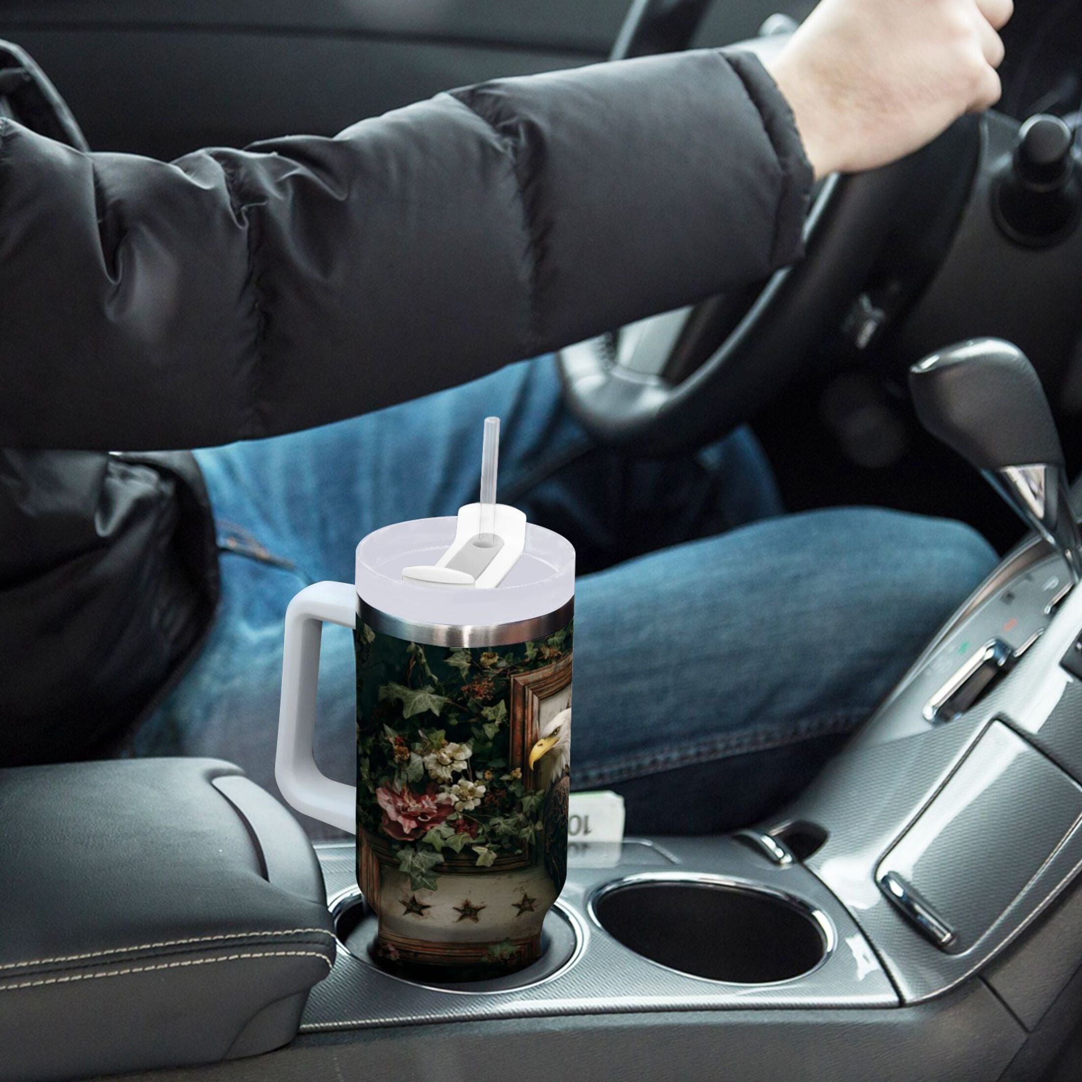 30 oz Insulated Stainless Steel Tumbler Double Wall Stainless Steel Tumbler with 2-Way Drinking Wreath and Bald Eagle | Q12A