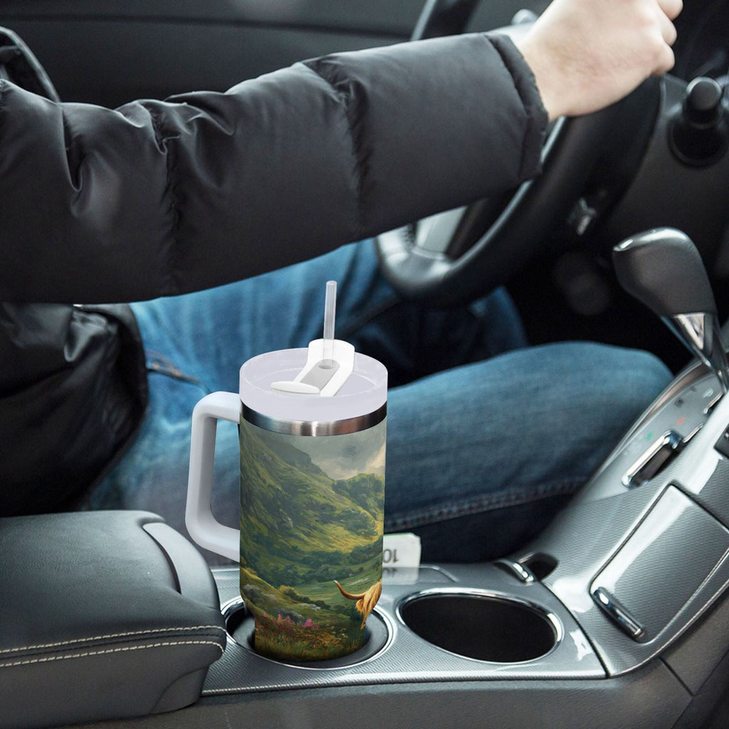 30 oz Insulated Stainless Steel Tumbler Double Wall Stainless Steel Tumbler with 2-Way Drinking Cow in Green Rolling Hills | 1E4U