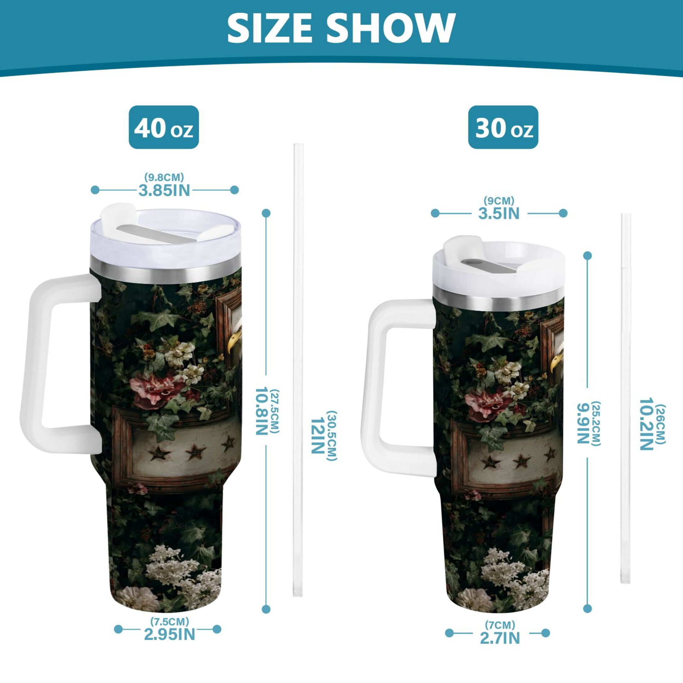 30 oz Insulated Stainless Steel Tumbler Double Wall Stainless Steel Tumbler with 2-Way Drinking Wreath and Bald Eagle | Q12A
