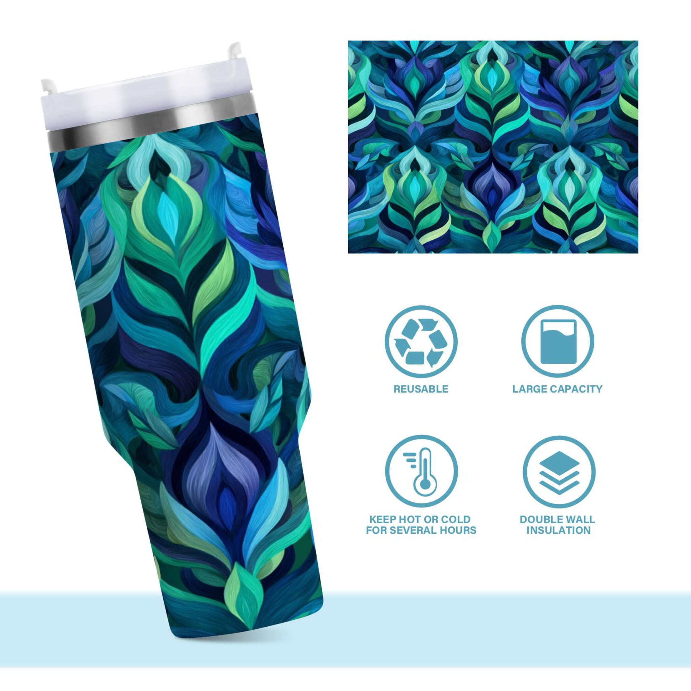 40 oz Insulated Stainless Steel Tumbler Double Wall Stainless Steel Tumbler with 2-Way Drinking Elegant Blue Abstract Shapes | LV9J