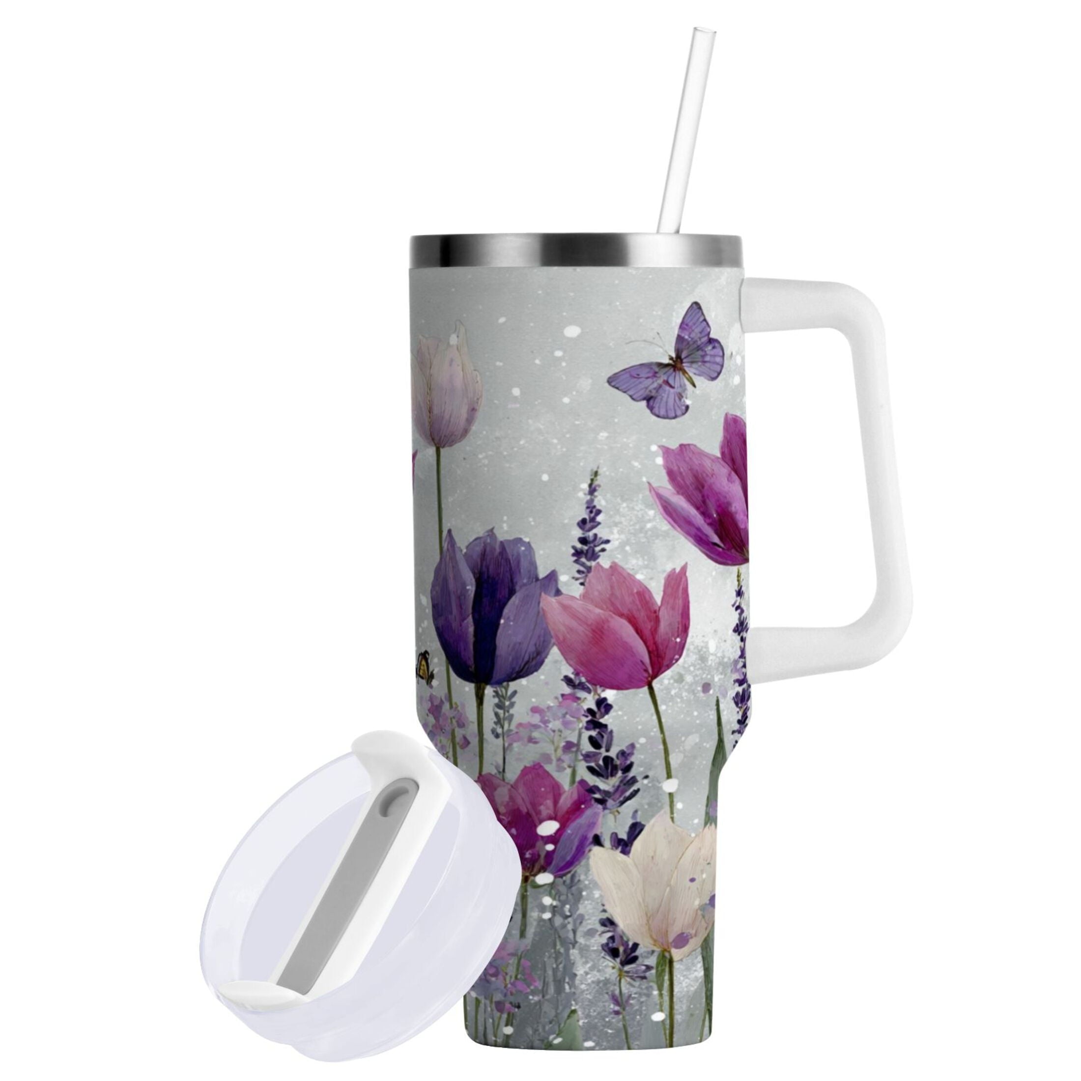 40 oz Insulated Stainless Steel Tumbler Double Wall Stainless Steel Tumbler with 2-Way Drinking Colorful Tulips and Lavender | G6MH