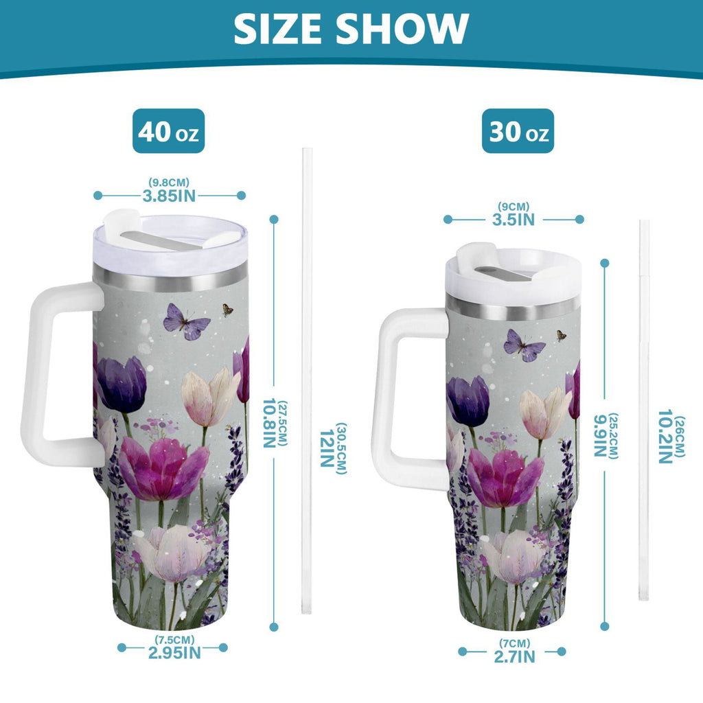 40 oz Insulated Stainless Steel Tumbler Double Wall Stainless Steel Tumbler with 2-Way Drinking Colorful Tulips and Lavender | G6MH