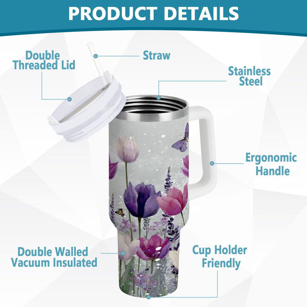 40 oz Insulated Stainless Steel Tumbler Double Wall Stainless Steel Tumbler with 2-Way Drinking Colorful Tulips and Lavender | G6MH