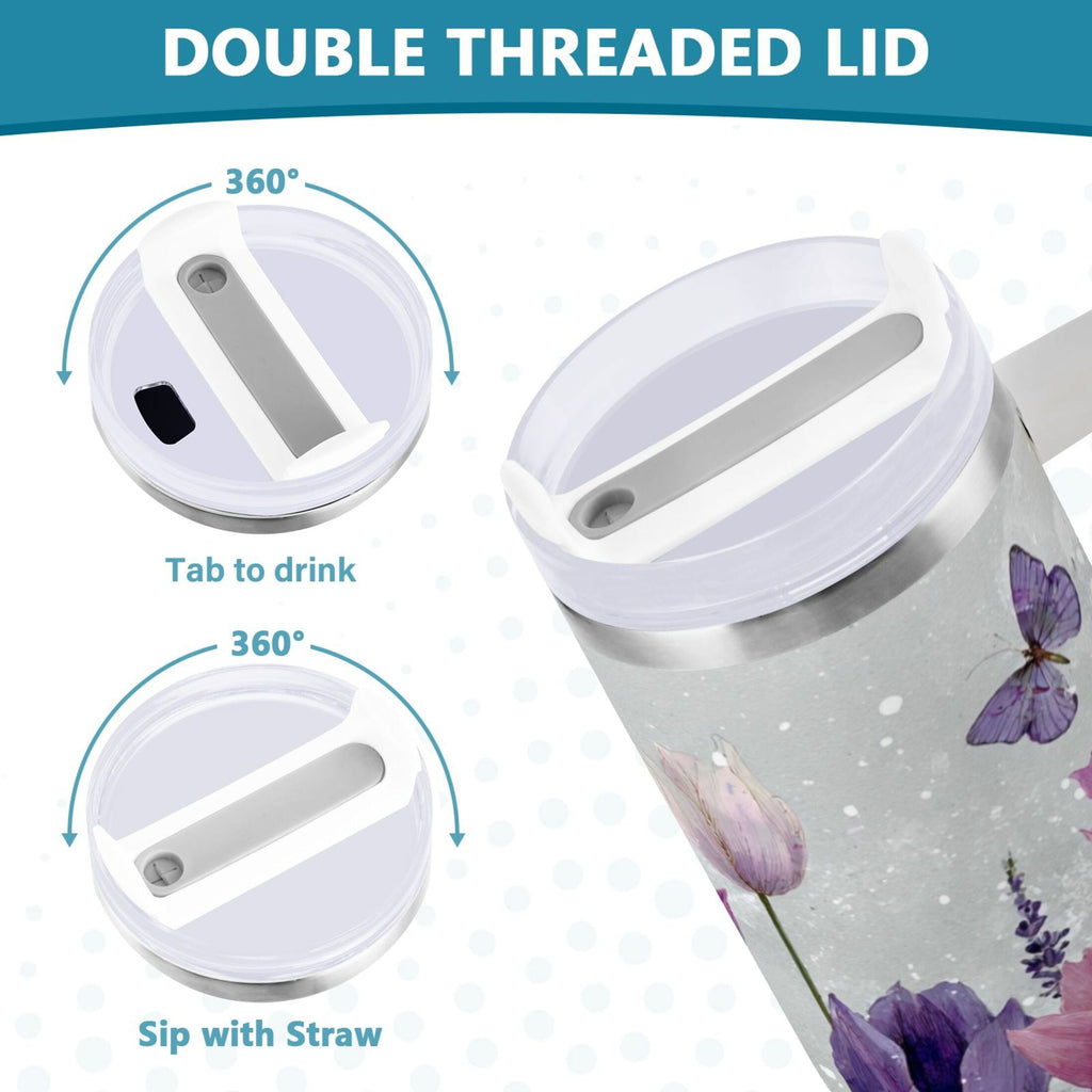40 oz Insulated Stainless Steel Tumbler Double Wall Stainless Steel Tumbler with 2-Way Drinking Colorful Tulips and Lavender | G6MH