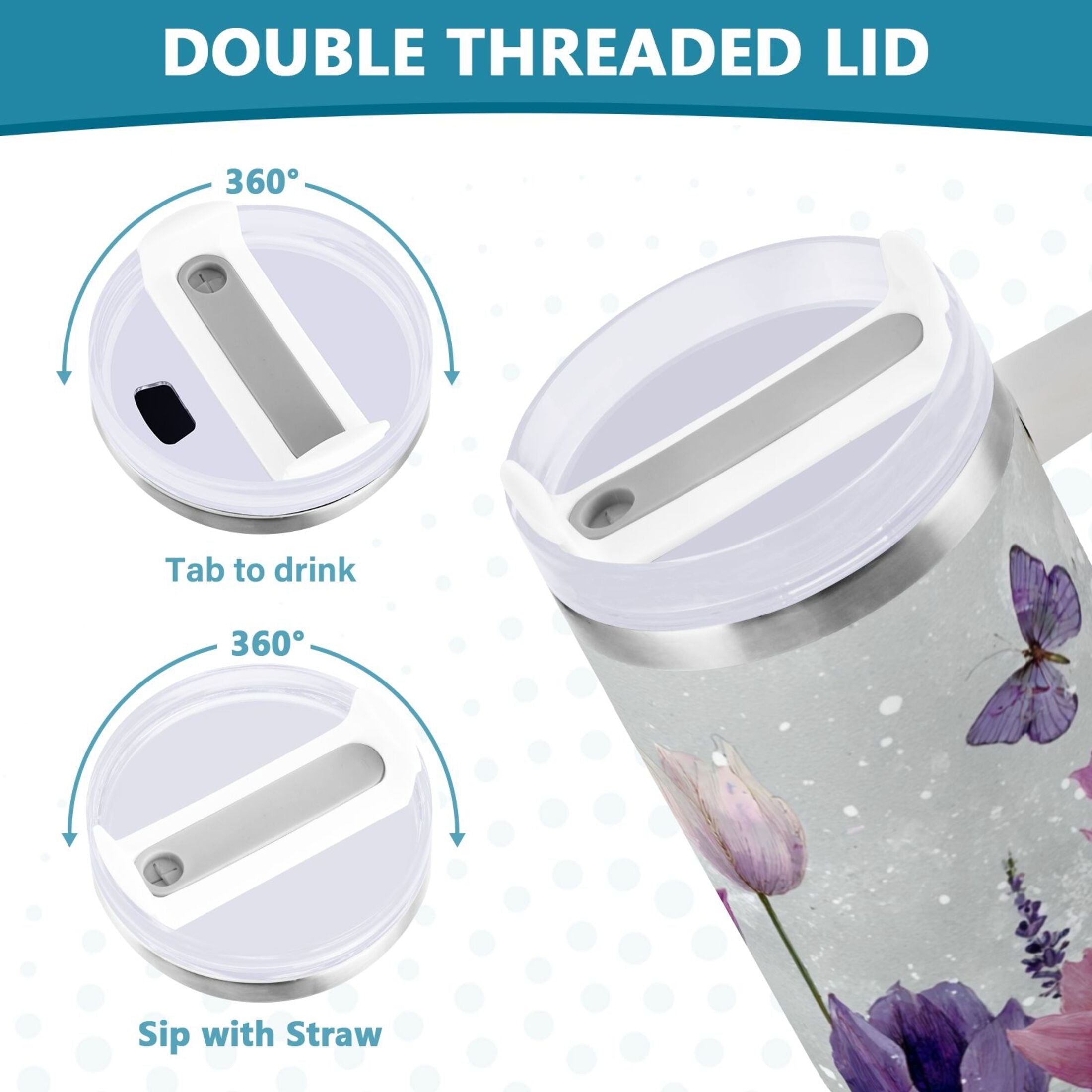 40 oz Insulated Stainless Steel Tumbler Double Wall Stainless Steel Tumbler with 2-Way Drinking Colorful Tulips and Lavender | G6MH
