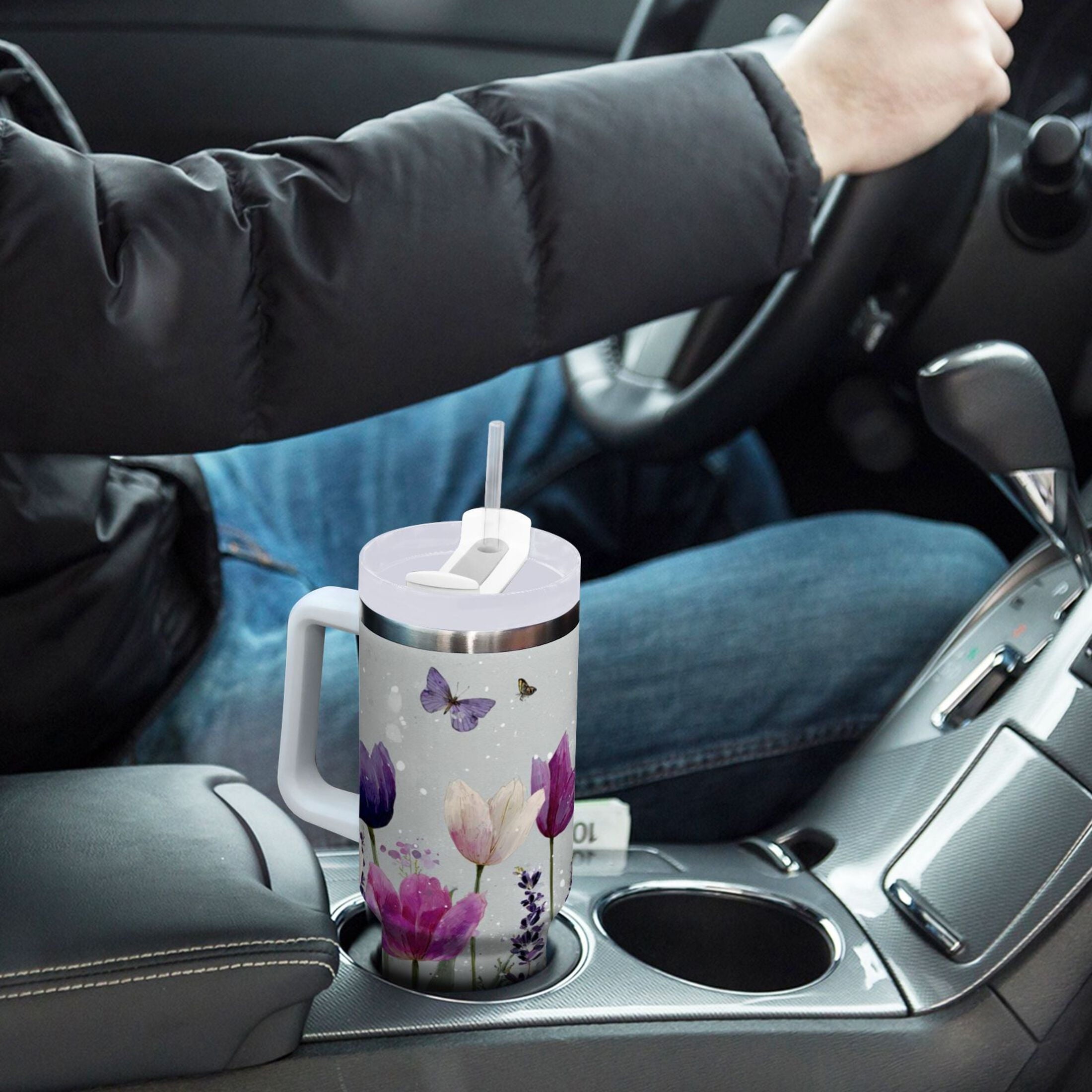 40 oz Insulated Stainless Steel Tumbler Double Wall Stainless Steel Tumbler with 2-Way Drinking Colorful Tulips and Lavender | G6MH