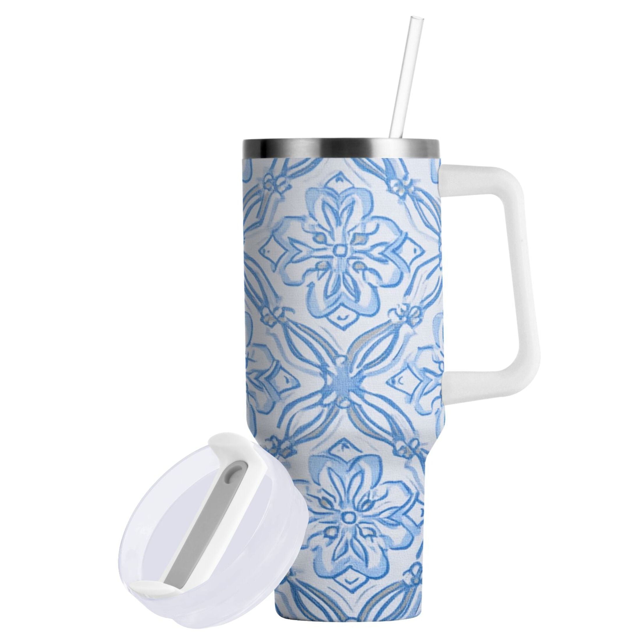 30 oz Insulated Stainless Steel Tumbler Double Wall Stainless Steel Tumbler with 2-Way Drinking Blue Elegant Geometric Design | A3ZT