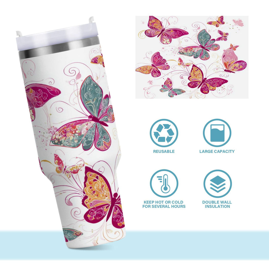 30 oz Insulated Stainless Steel Tumbler Double Wall Stainless Steel Tumbler with 2-Way Drinking Colorful Butterflies | RGOW