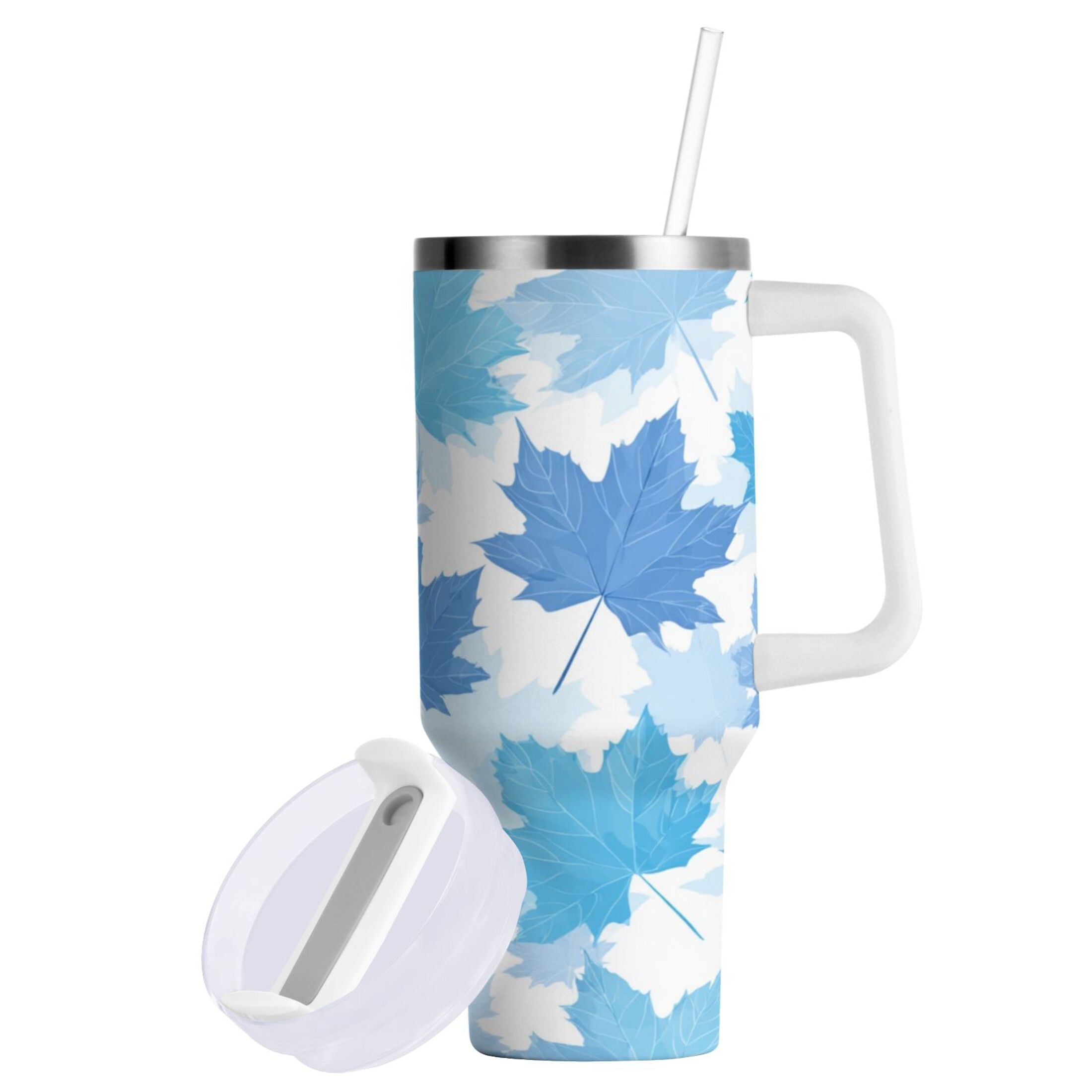 30 oz Insulated Stainless Steel Tumbler Double Wall Stainless Steel Tumbler with 2-Way Drinking Light Blue Maple Leaves | OXIW