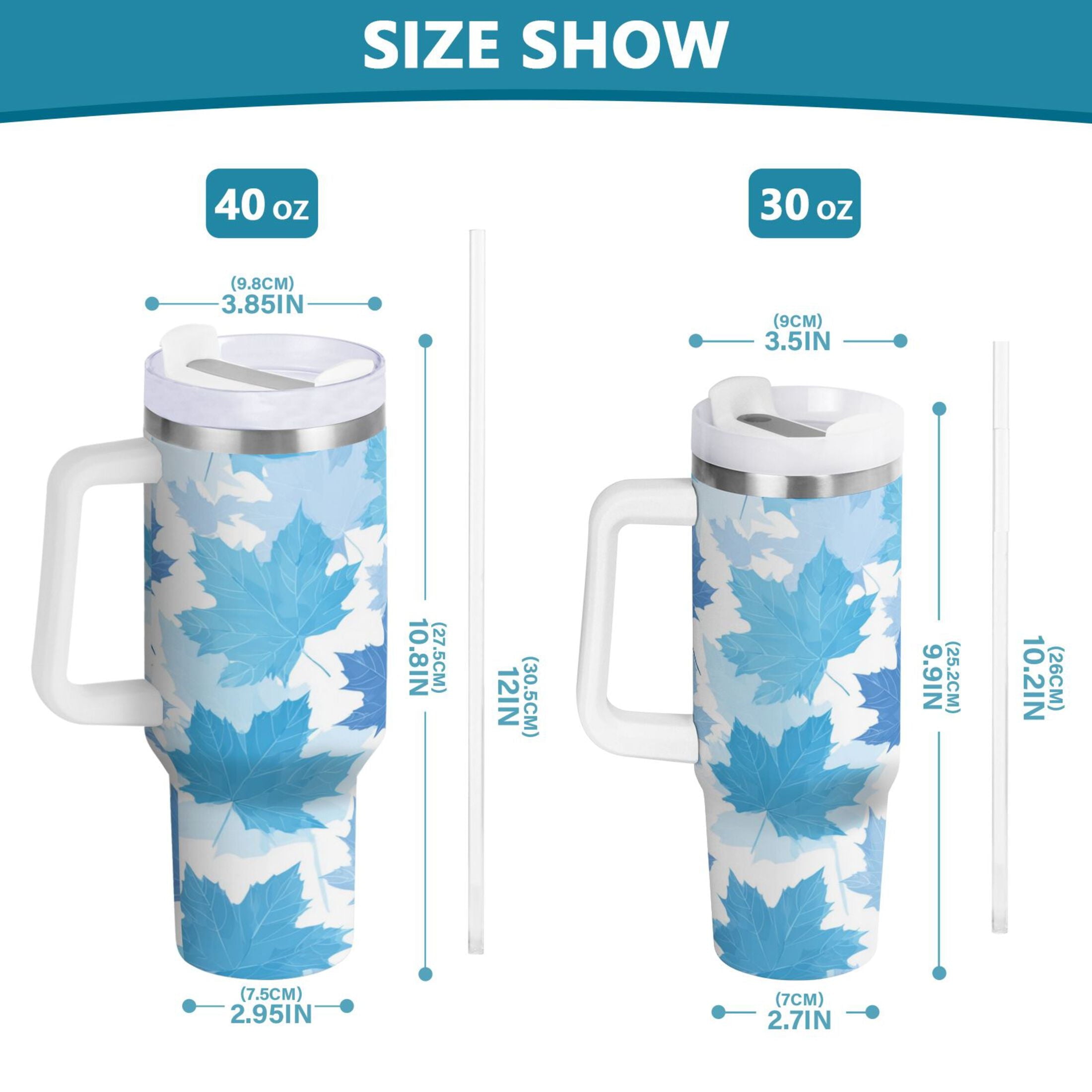 30 oz Insulated Stainless Steel Tumbler Double Wall Stainless Steel Tumbler with 2-Way Drinking Light Blue Maple Leaves | OXIW