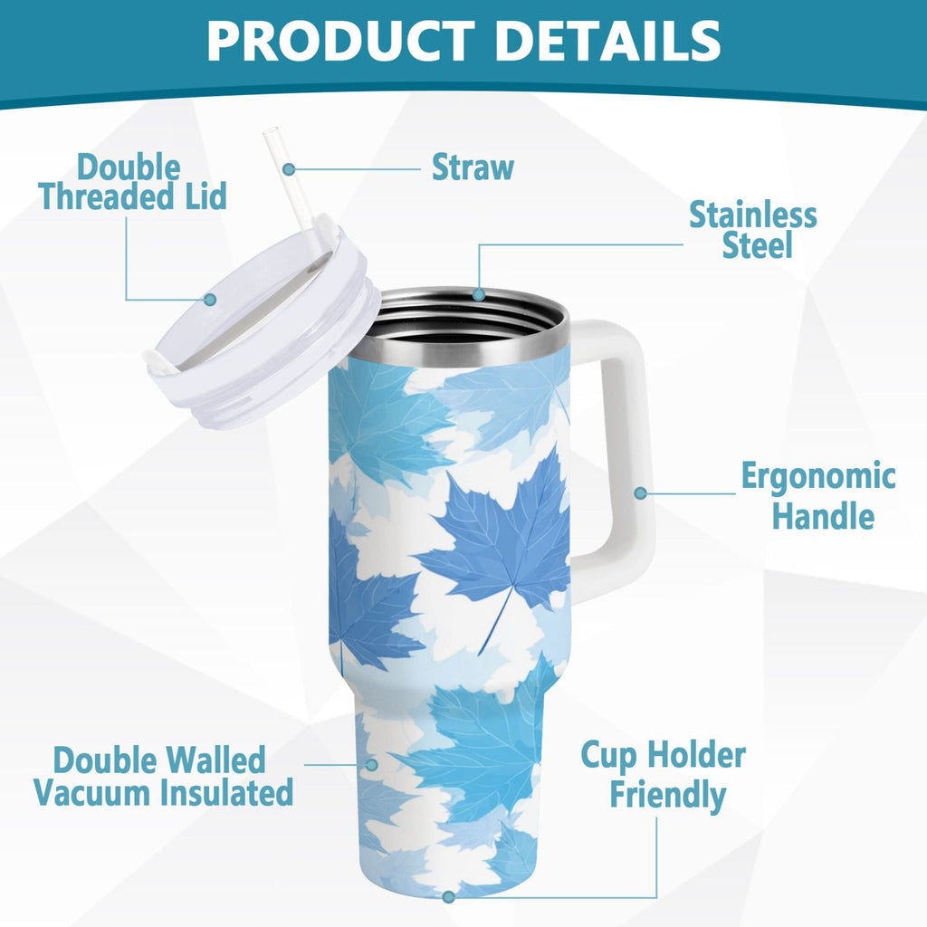 30 oz Insulated Stainless Steel Tumbler Double Wall Stainless Steel Tumbler with 2-Way Drinking Light Blue Maple Leaves | OXIW