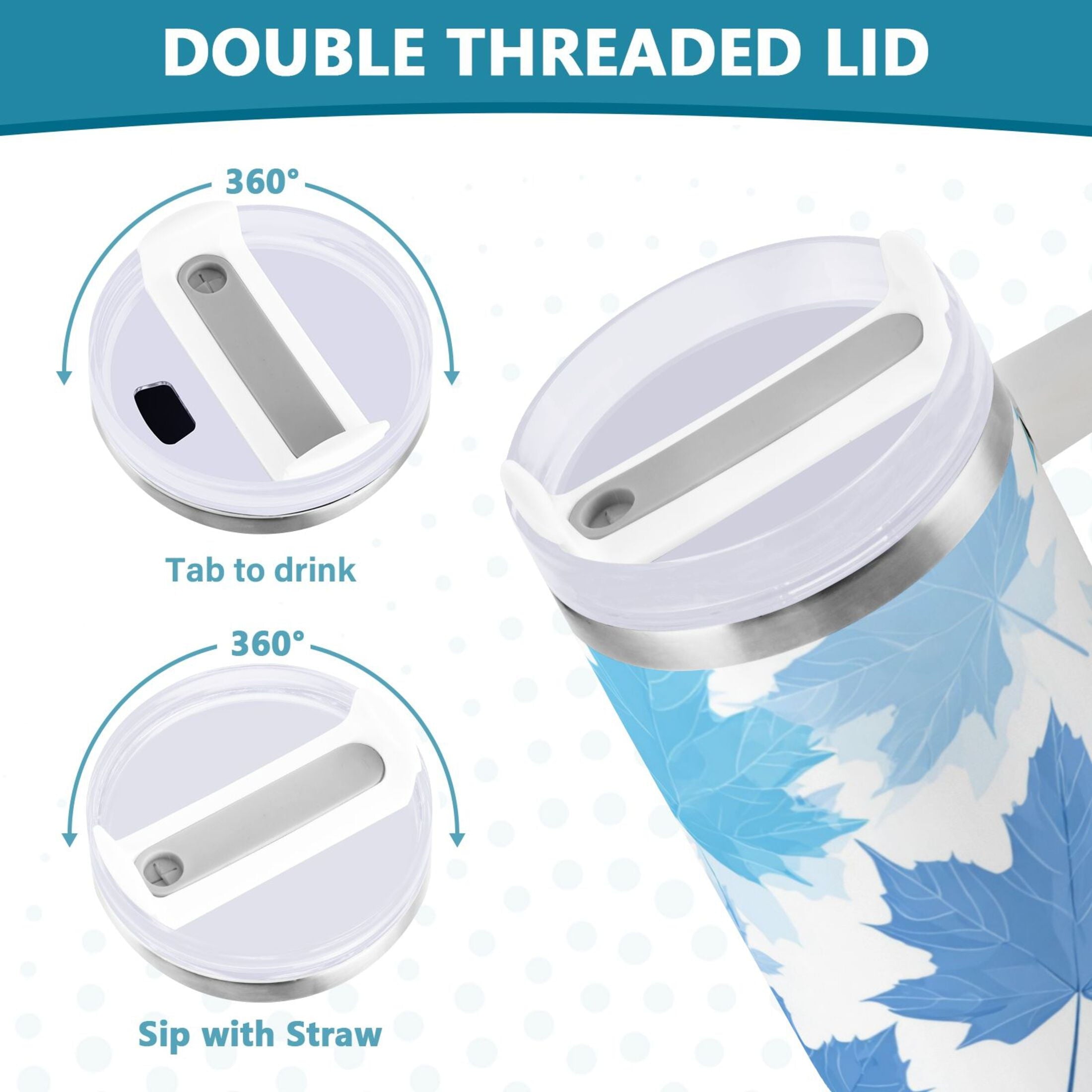 30 oz Insulated Stainless Steel Tumbler Double Wall Stainless Steel Tumbler with 2-Way Drinking Light Blue Maple Leaves | OXIW