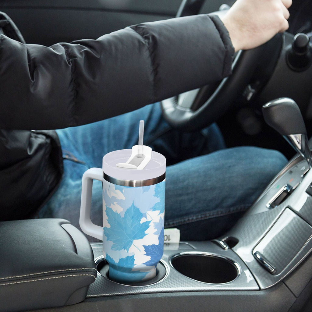 30 oz Insulated Stainless Steel Tumbler Double Wall Stainless Steel Tumbler with 2-Way Drinking Light Blue Maple Leaves | OXIW