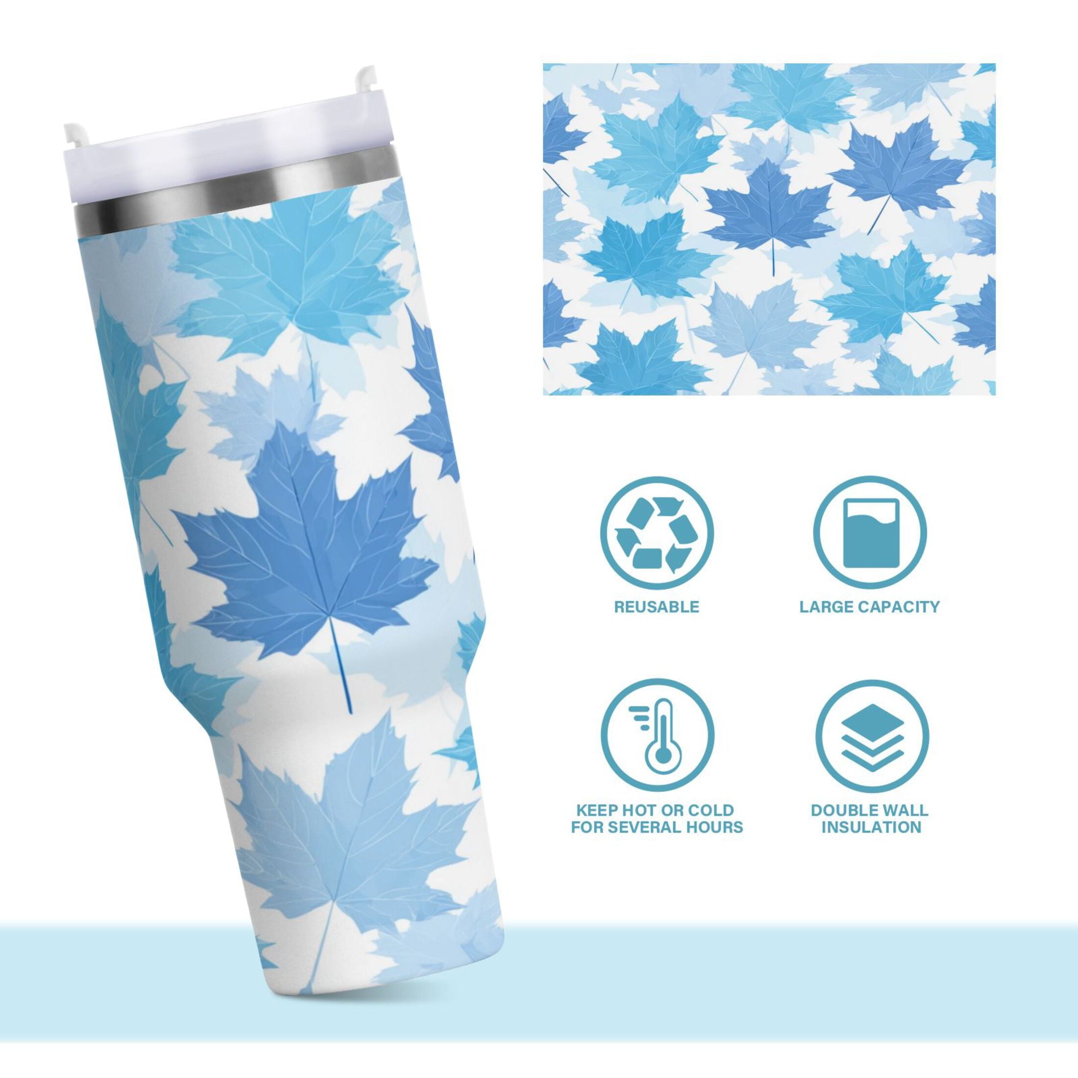 30 oz Insulated Stainless Steel Tumbler Double Wall Stainless Steel Tumbler with 2-Way Drinking Light Blue Maple Leaves | OXIW