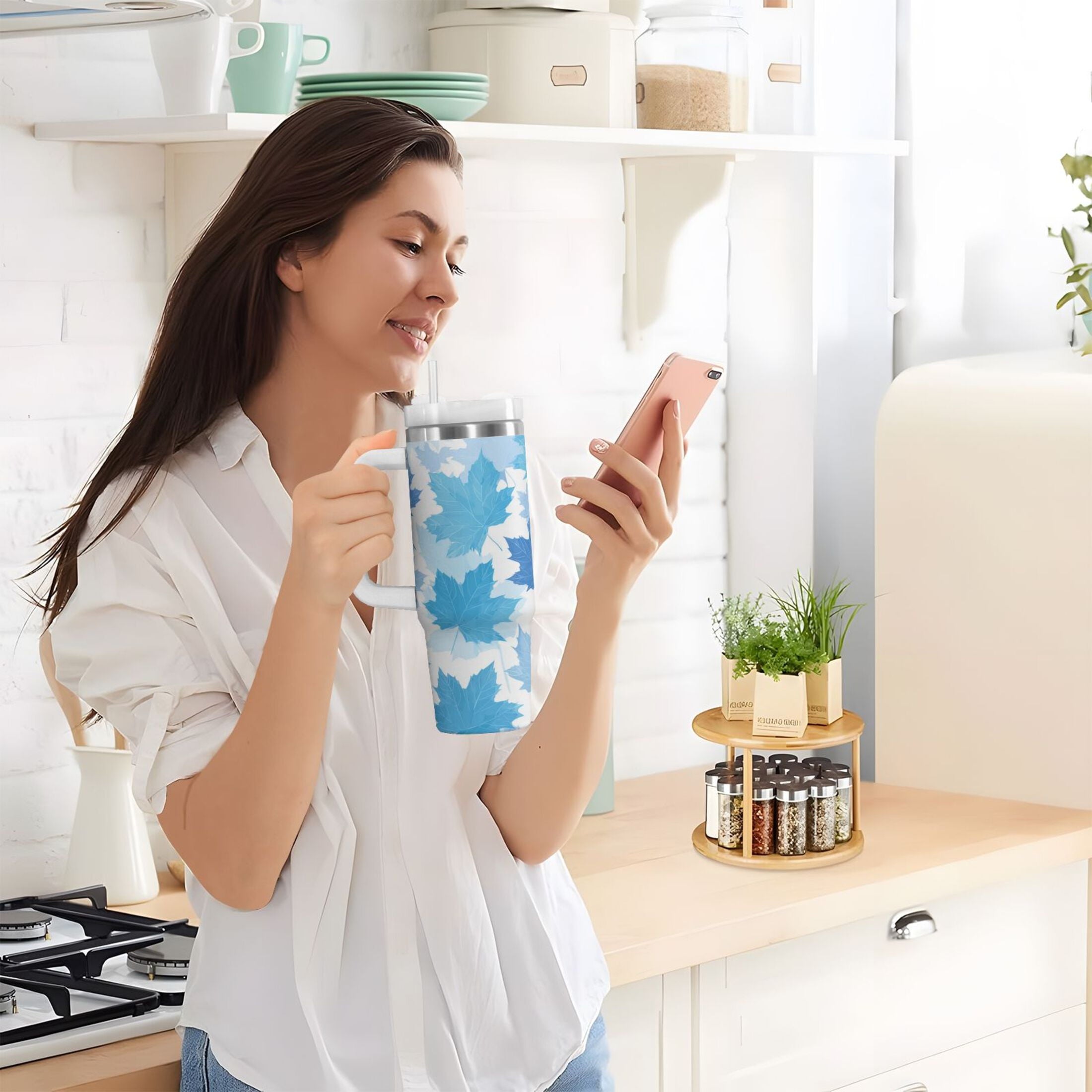 30 oz Insulated Stainless Steel Tumbler Double Wall Stainless Steel Tumbler with 2-Way Drinking Light Blue Maple Leaves | OXIW