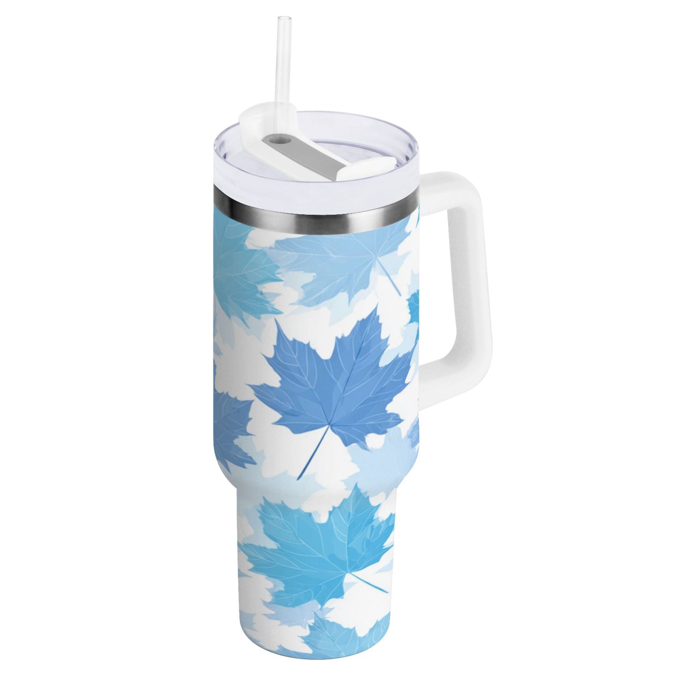 30 oz Insulated Stainless Steel Tumbler Double Wall Stainless Steel Tumbler with 2-Way Drinking Light Blue Maple Leaves | OXIW