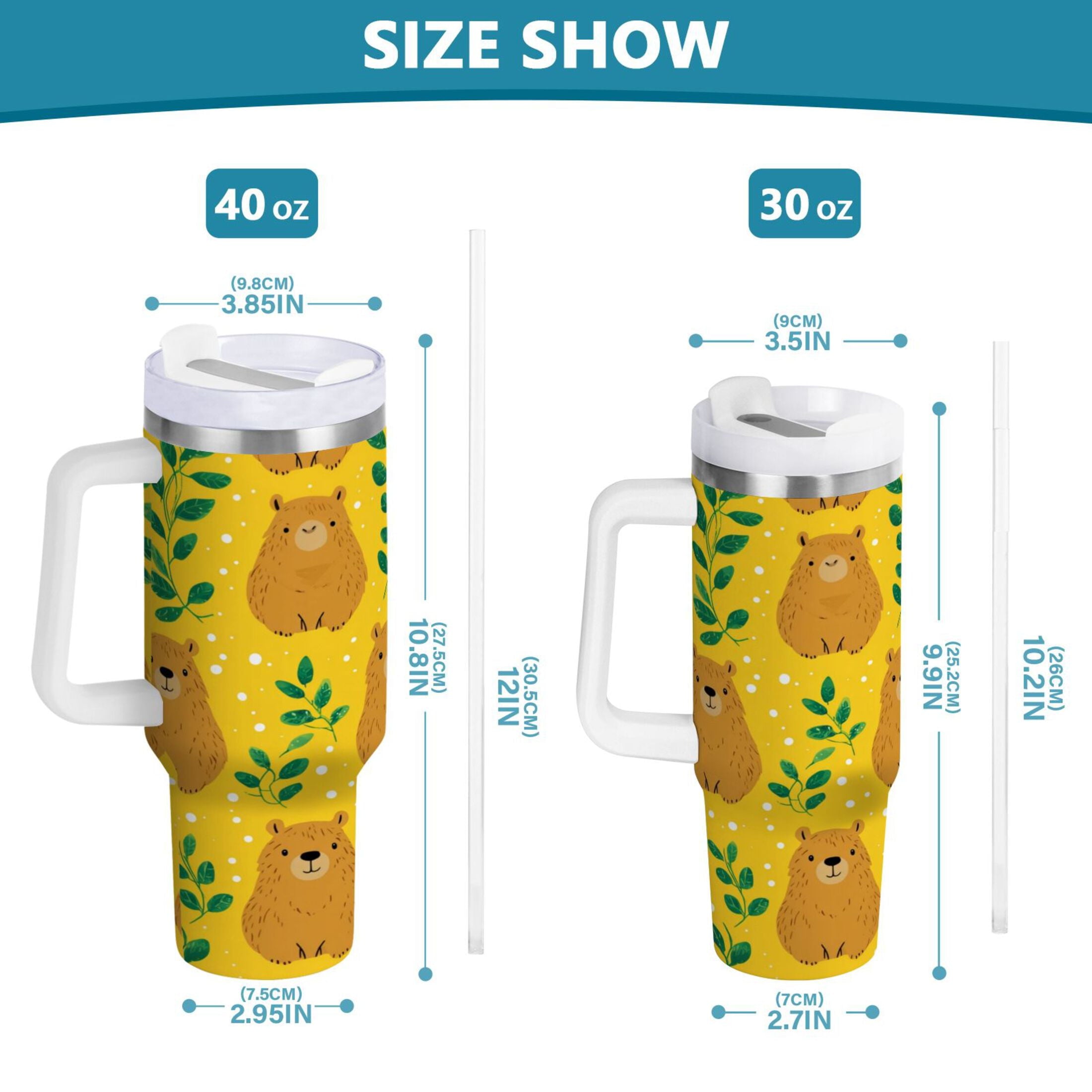30 oz Insulated Stainless Steel Tumbler Double Wall Stainless Steel Tumbler with 2-Way Drinking Capybara and Green Leaves | T1S7