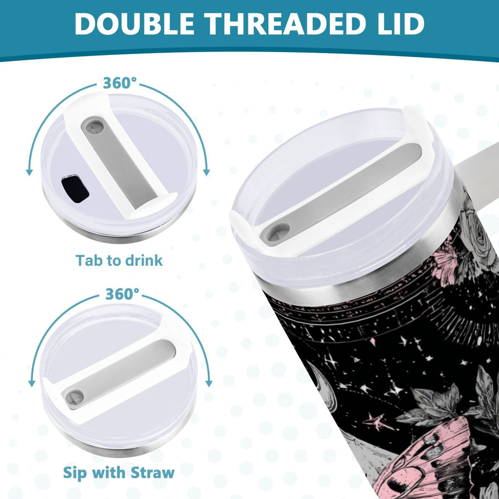 30 oz Insulated Stainless Steel Tumbler Double Wall Stainless Steel Tumbler with 2-Way Drinking Butterfly by Moon and Flowers | G7R9